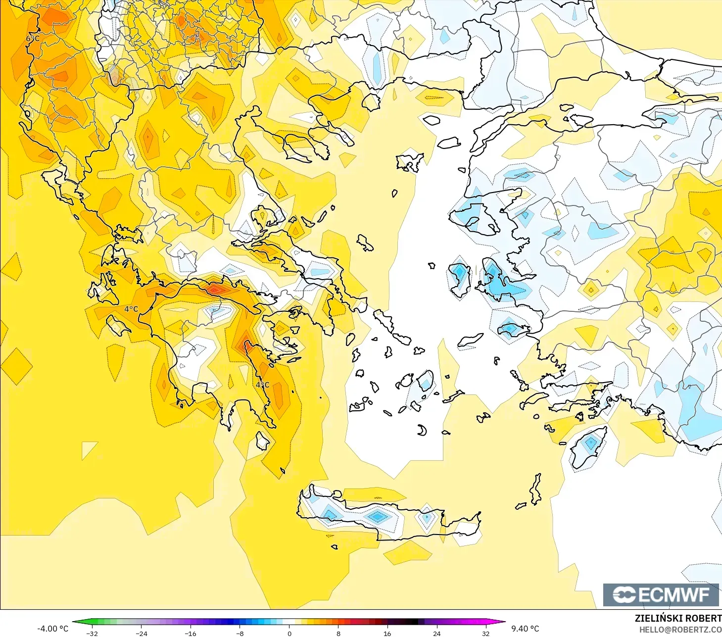 ECMWF IFS 0.25° model - Greece, Temperature at 2m Anomaly