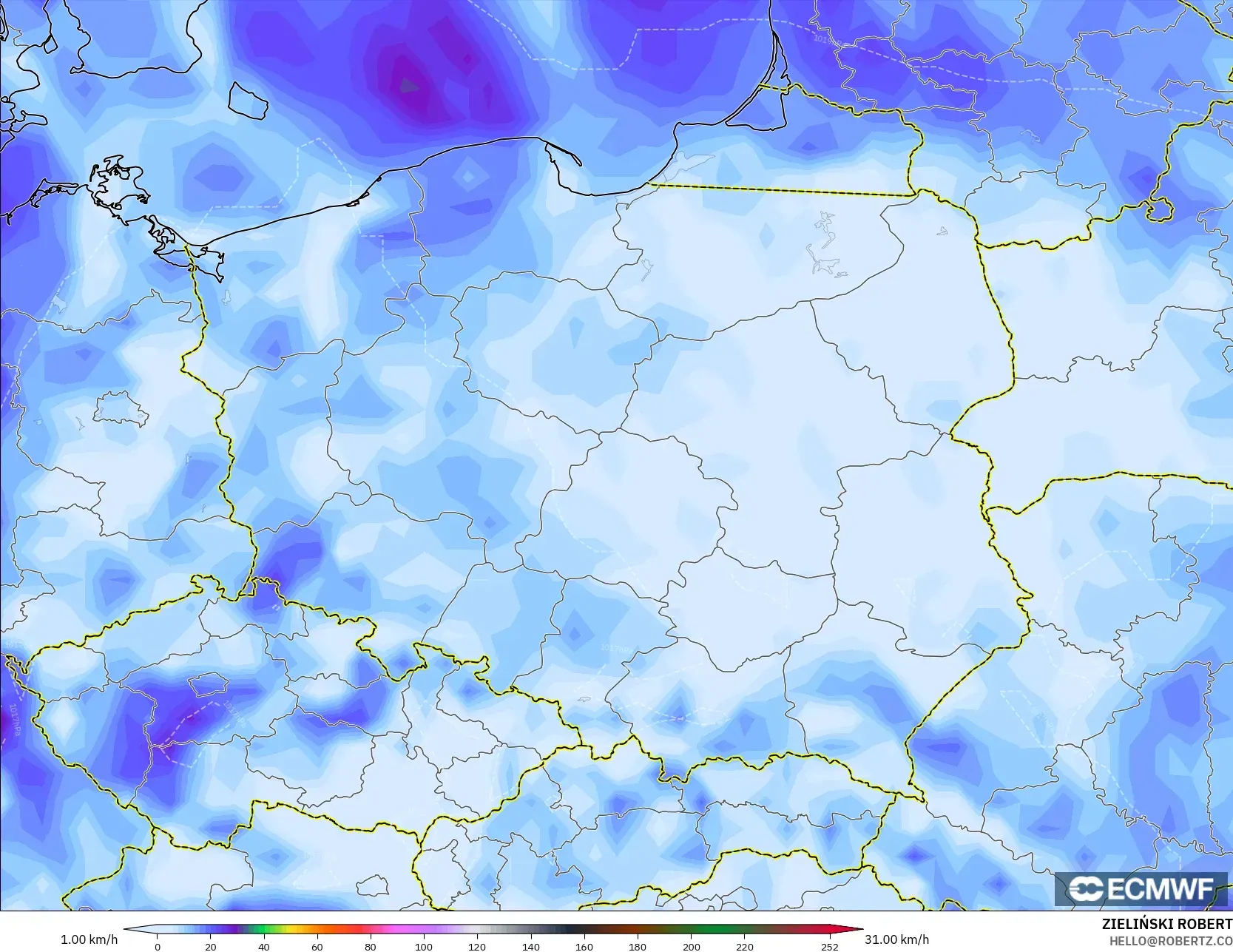 ECMWF IFS 0.25° model - Poland, Wind Gusts
