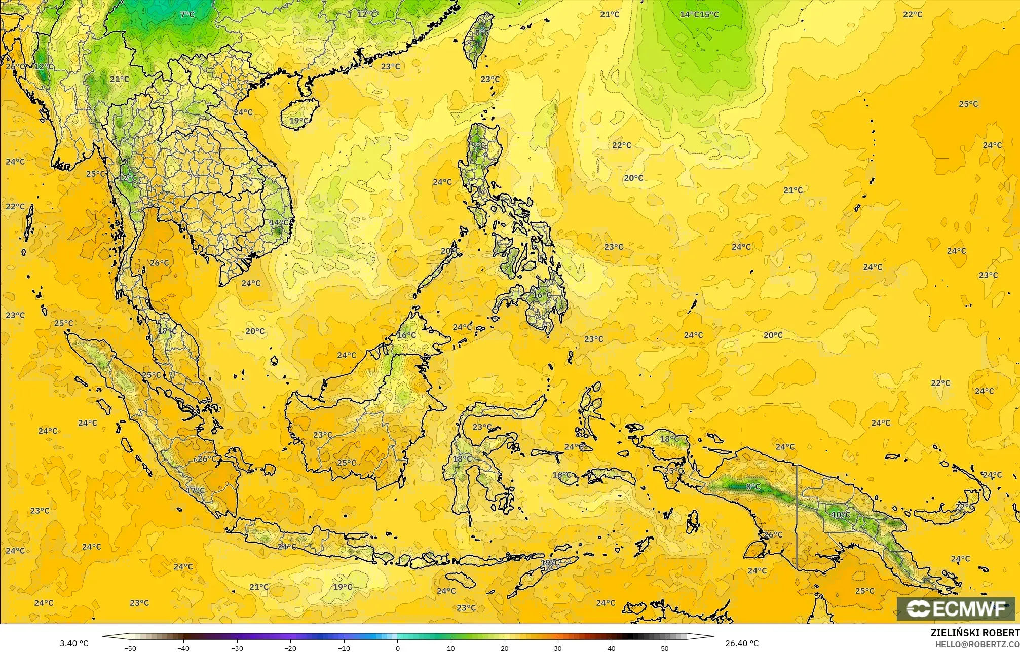 ECMWF IFS 0.25° model - South East Asia, Dewpoint at 2m