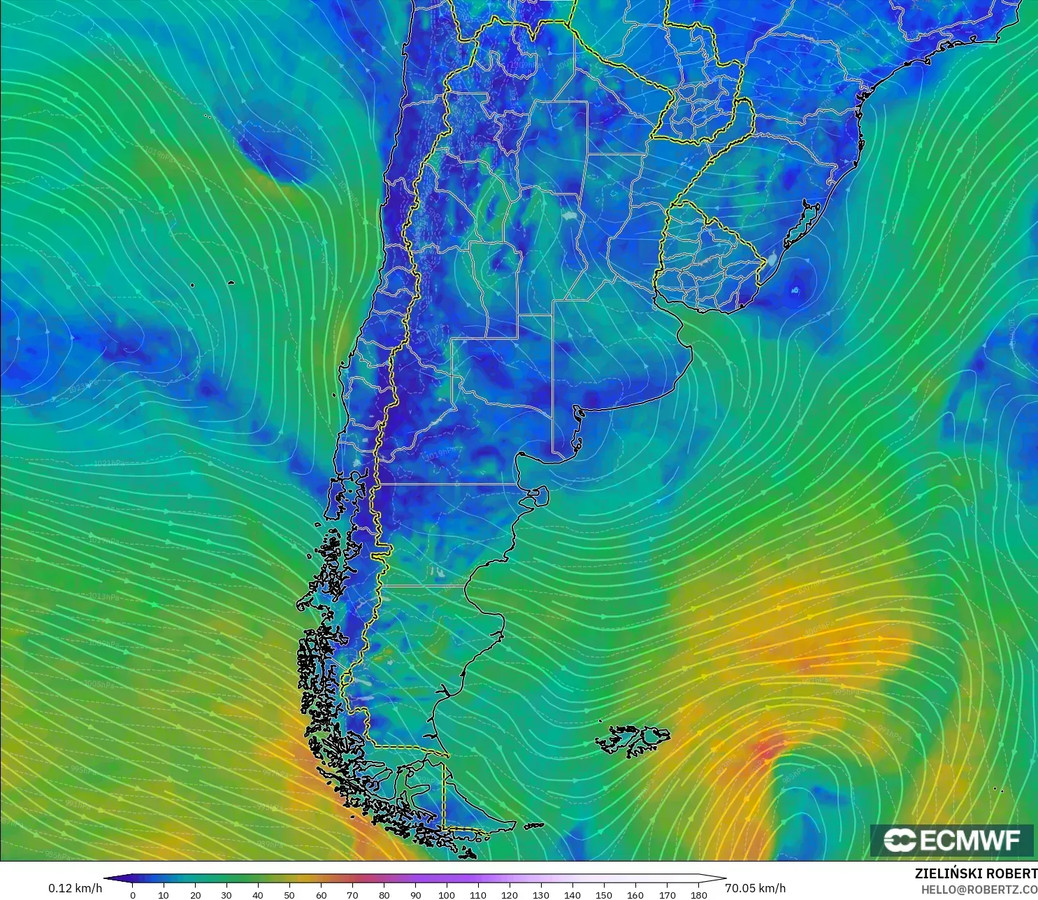 ECMWF IFS 0.25° model - Argentina, Wind at 10m