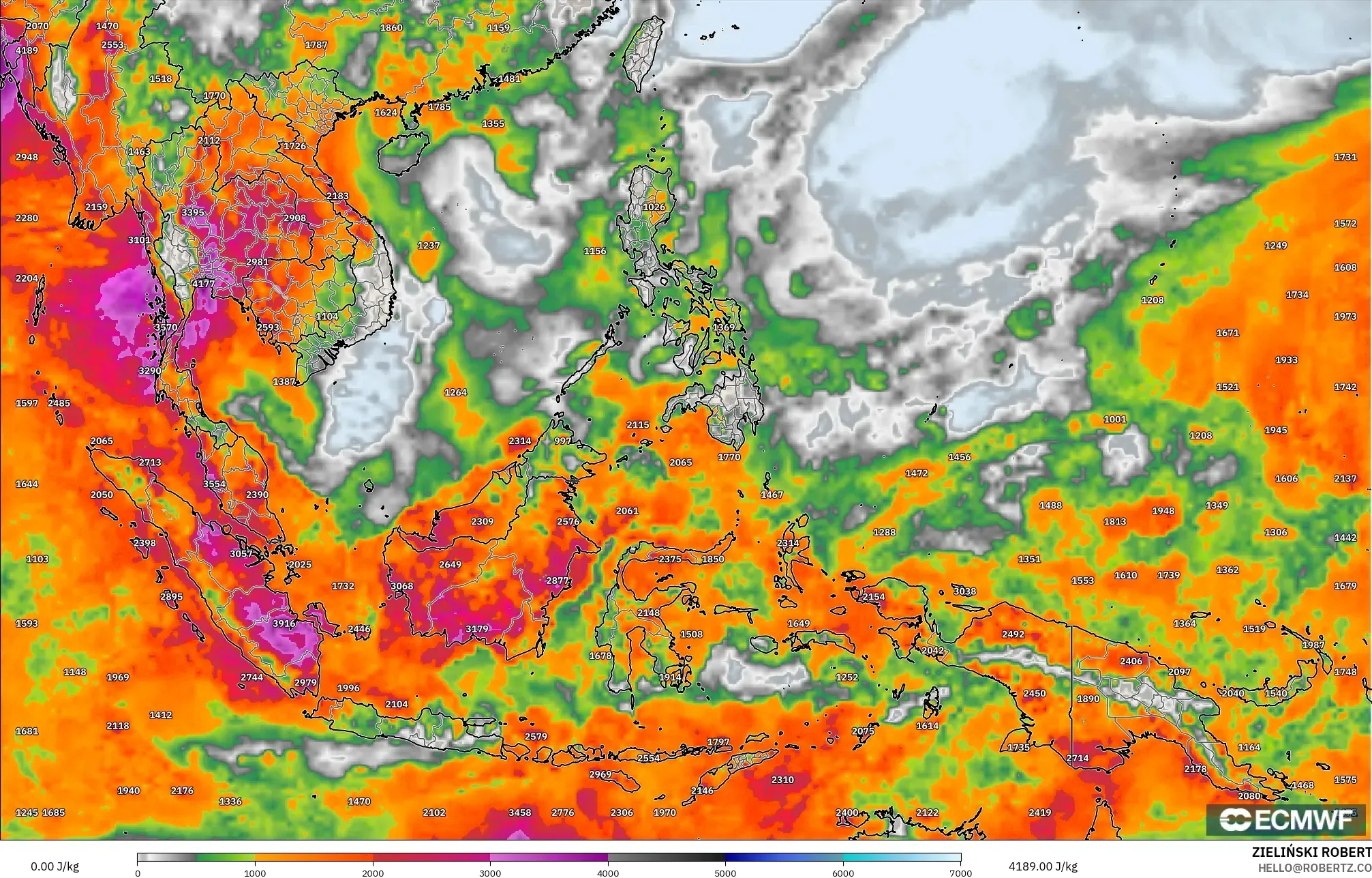 ECMWF IFS 0.25° model - South East Asia, CAPE
