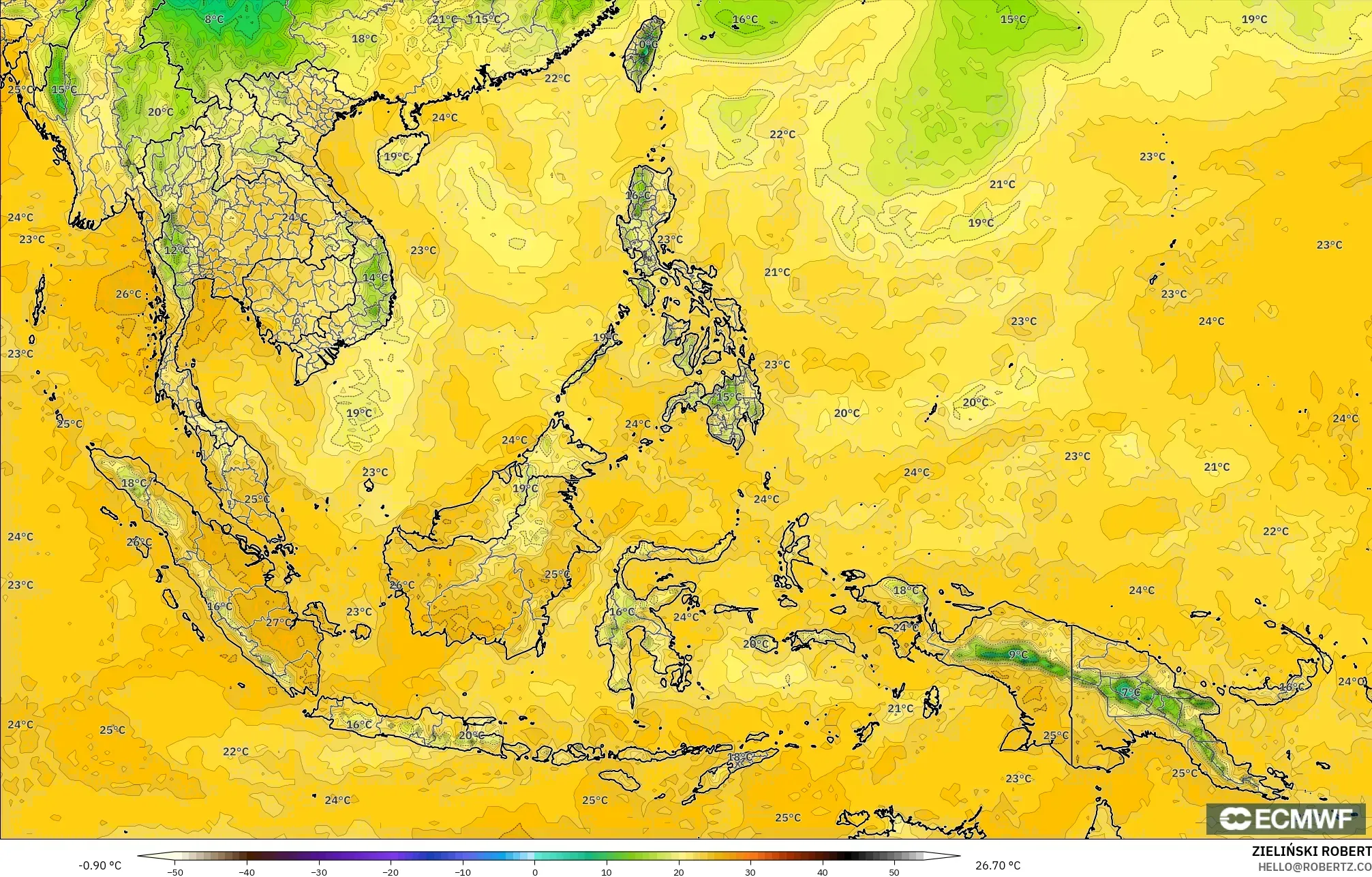 ECMWF IFS 0.25° model - South East Asia, Dewpoint at 2m