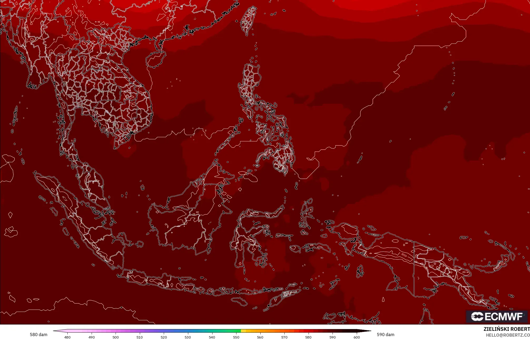 ECMWF IFS 0.25° model - South East Asia, Geopotential height at 500hPa