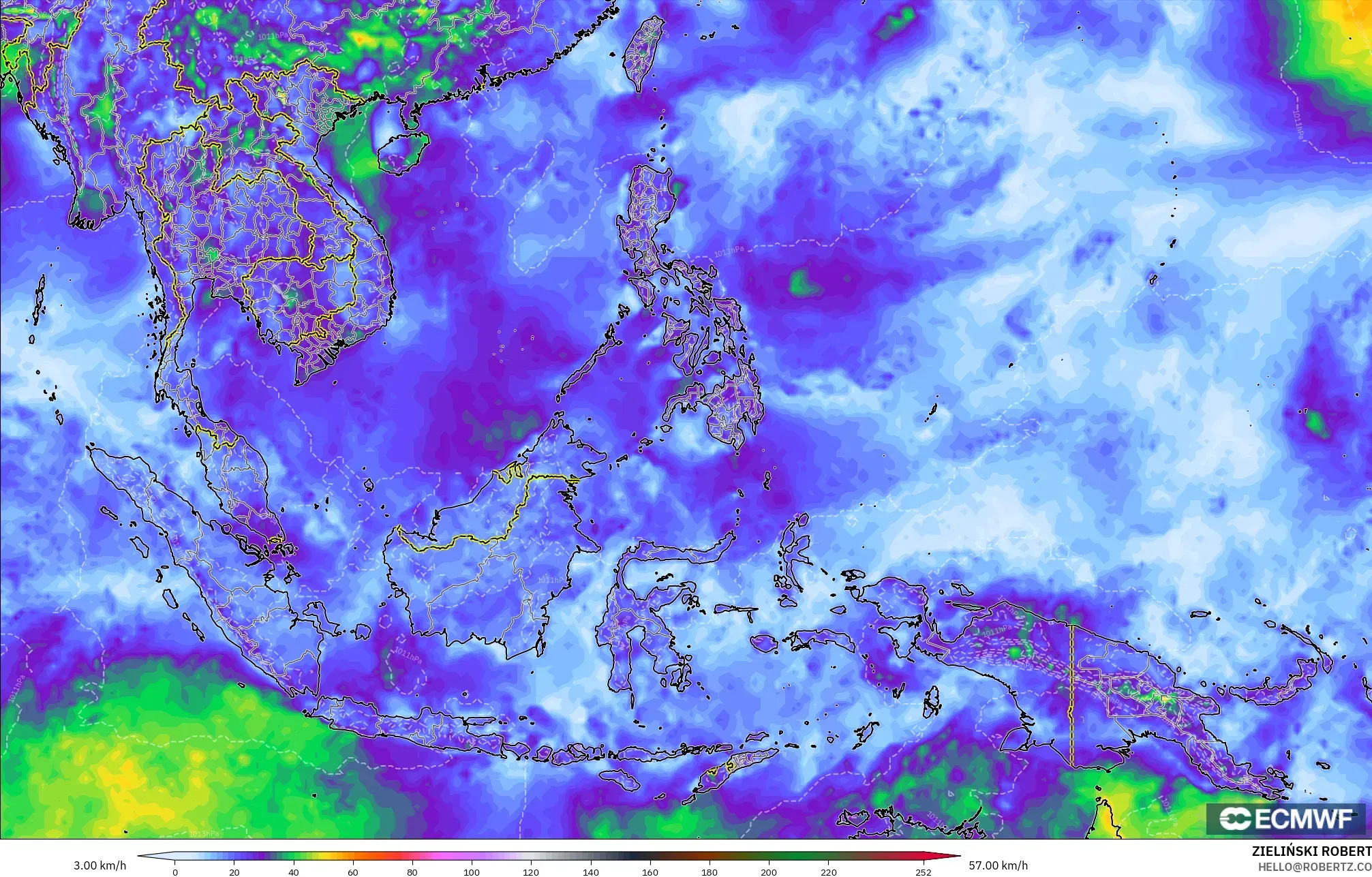 ECMWF IFS 0.25° model - South East Asia, Wind Gusts Peak