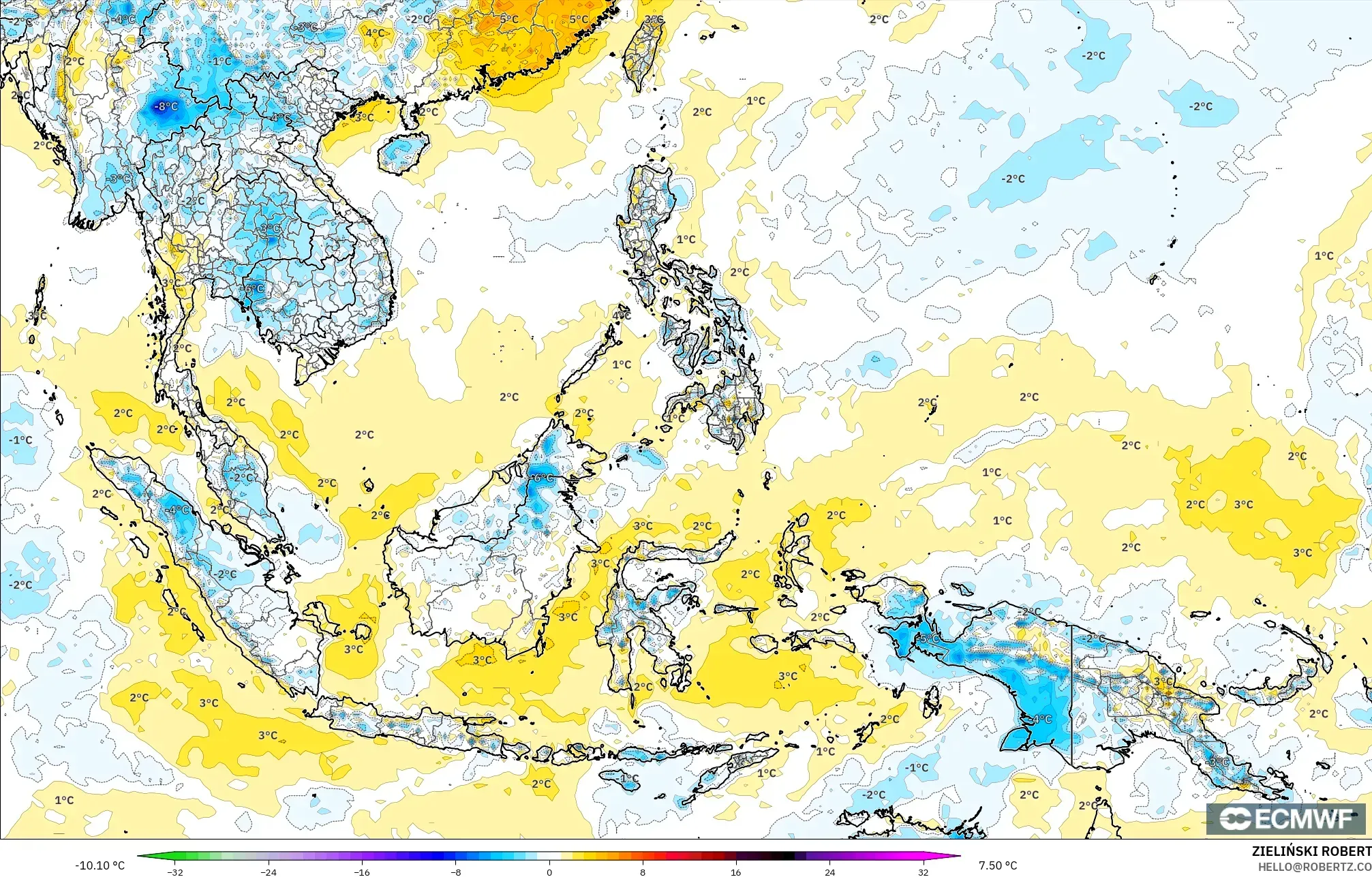 ECMWF IFS 0.25° model - South East Asia, Temperature at 2m Anomaly