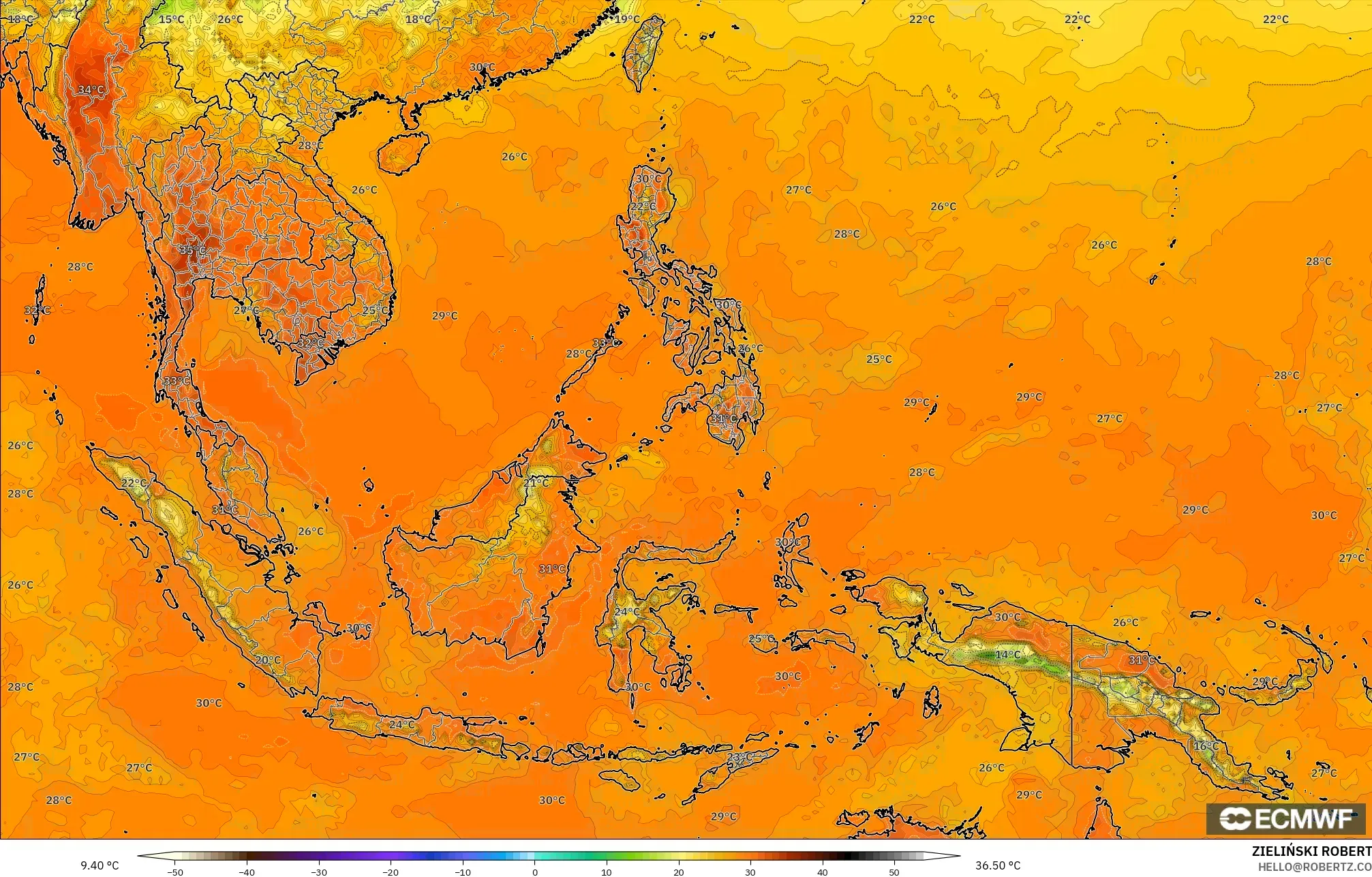 ECMWF IFS 0.25° model - South East Asia, Temperature at 2m
