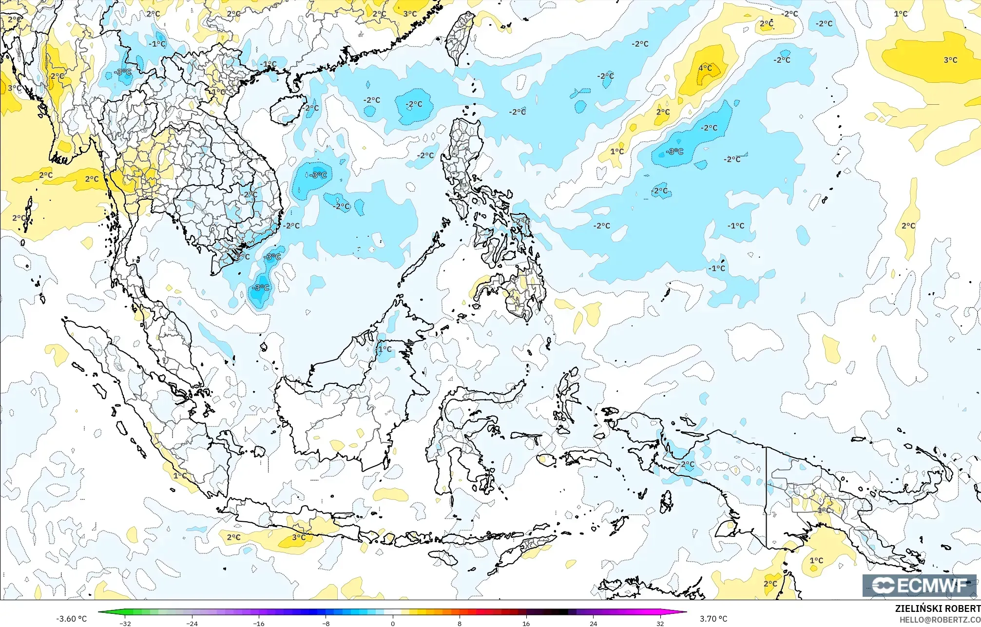 ECMWF IFS 0.25° model - South East Asia, Temperature at 850hPa Anomaly
