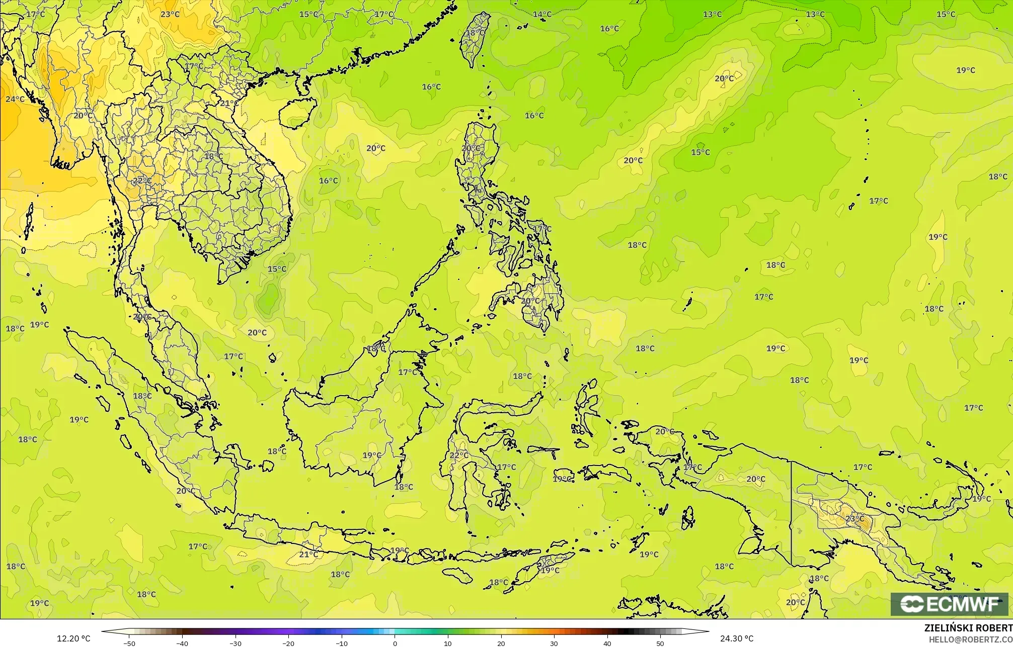 ECMWF IFS 0.25° model - South East Asia, Temperature at 850hPa