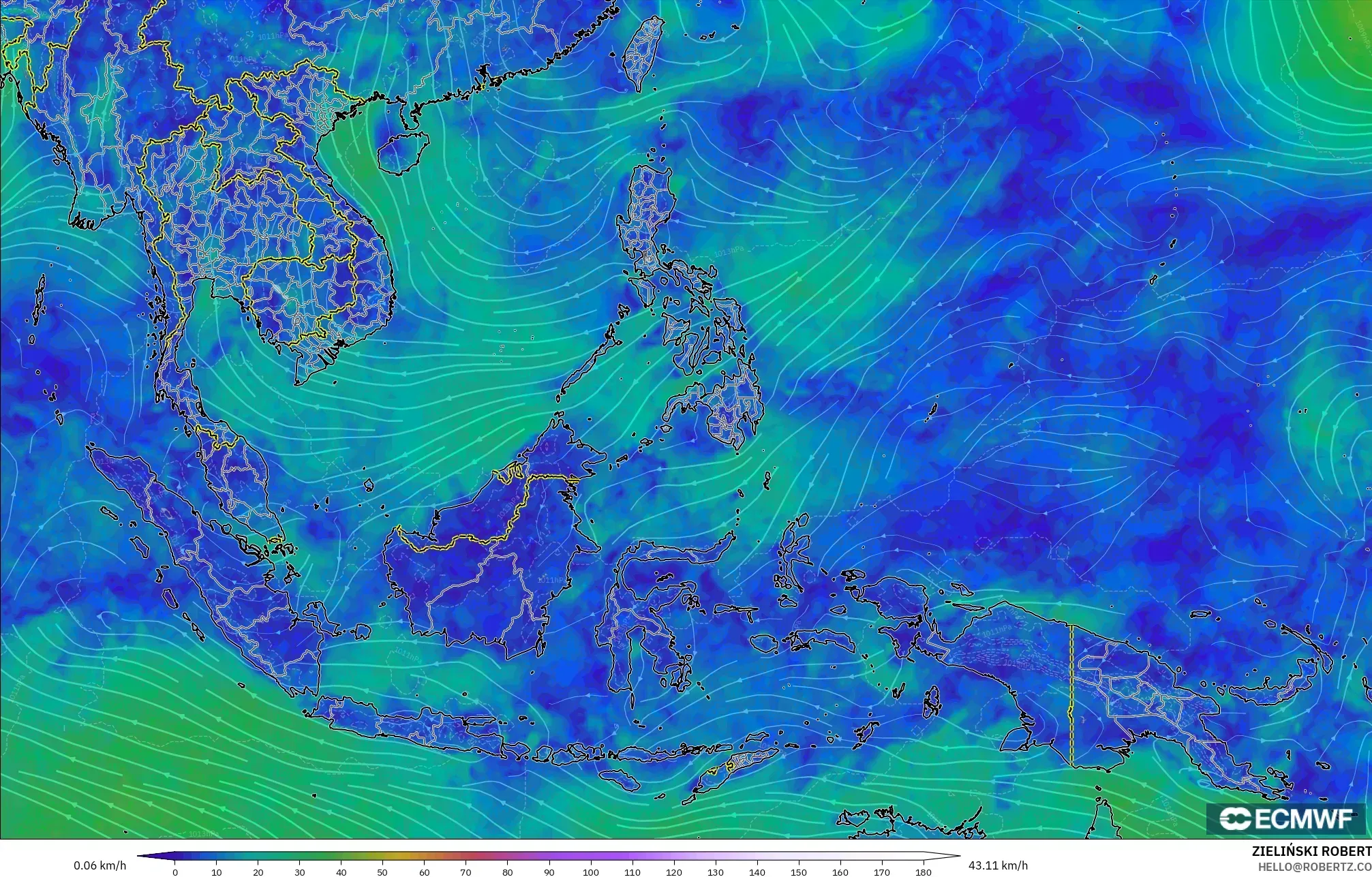 ECMWF IFS 0.25° model - South East Asia, Wind at 10m