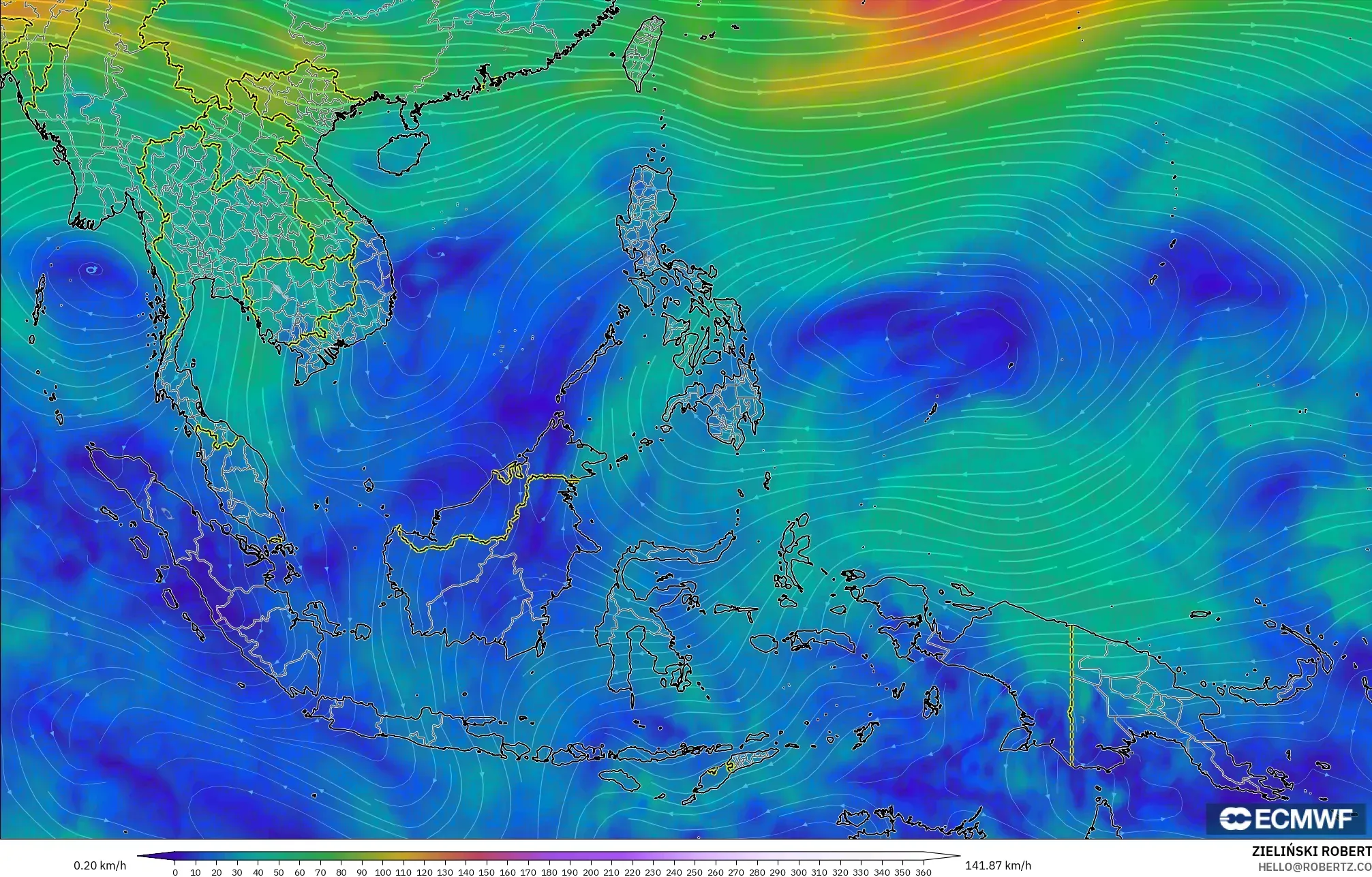 ECMWF IFS 0.25° model - South East Asia, Wind at 300hPa (jet stream)
