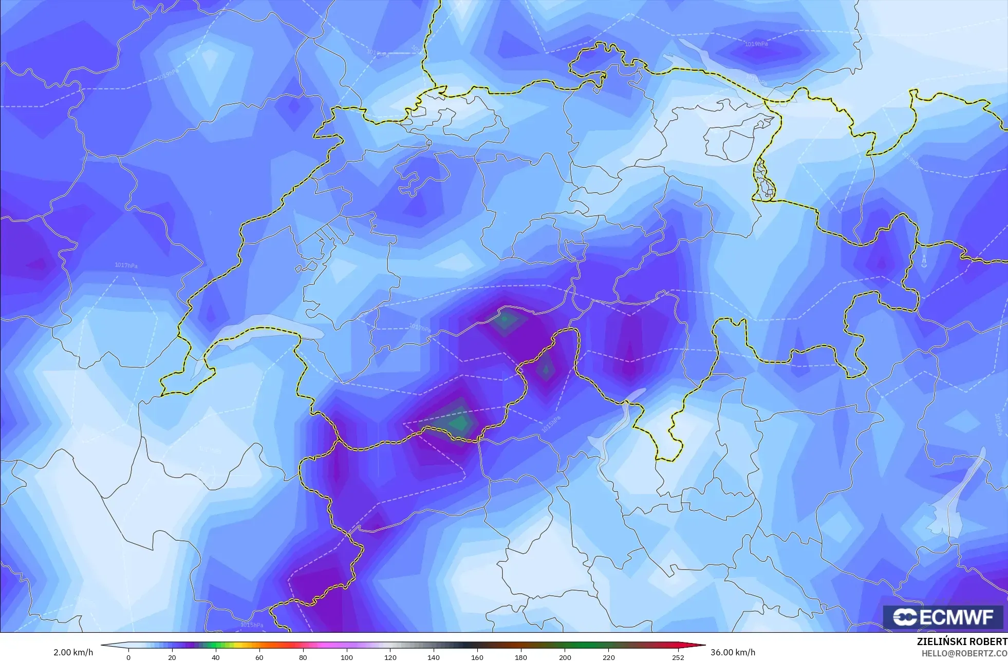 ECMWF IFS 0.25° model - Switzerland, Wind Gusts