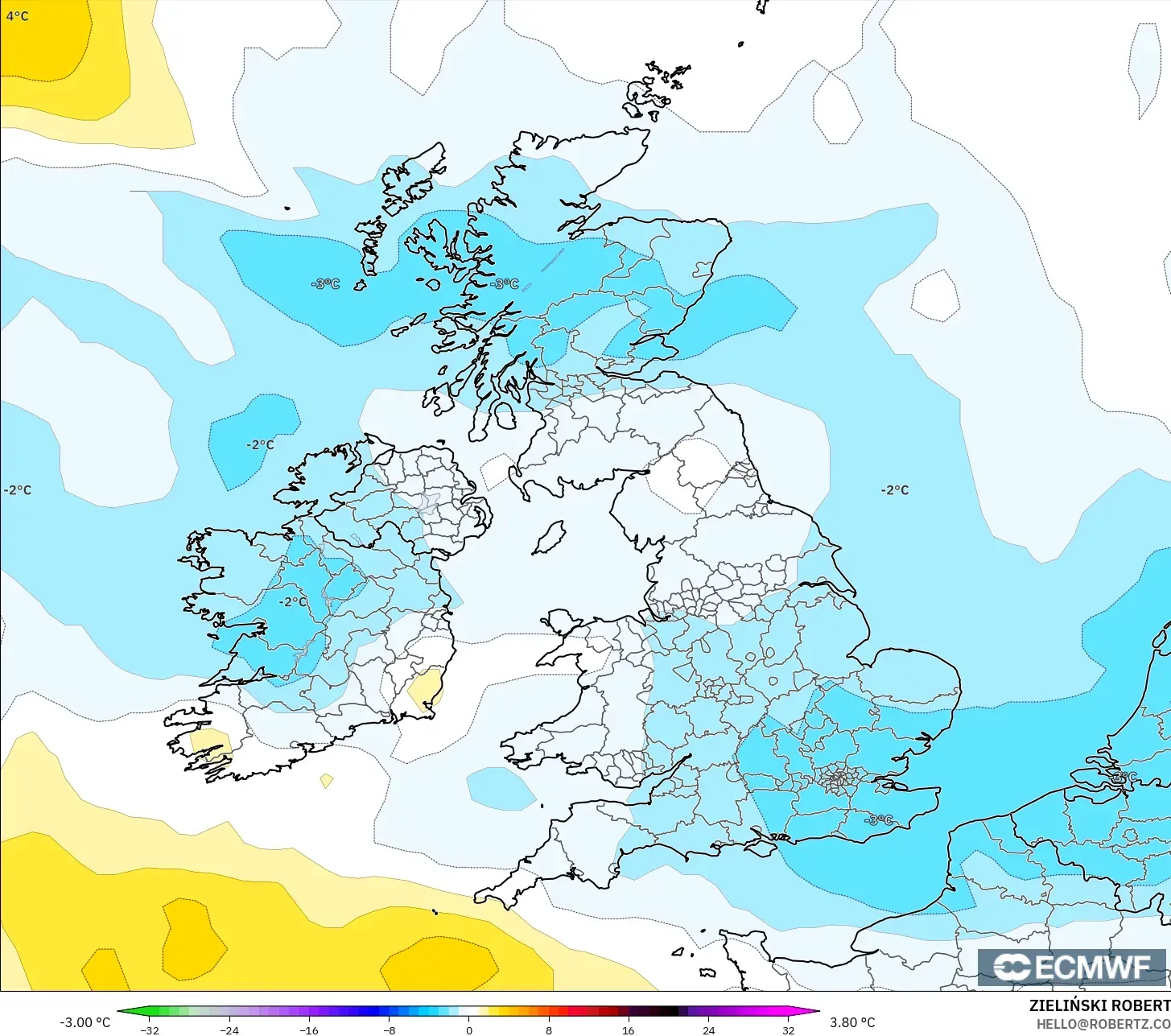 ECMWF IFS 0.25° model - United Kingdom, Temperature at 850hPa Anomaly
