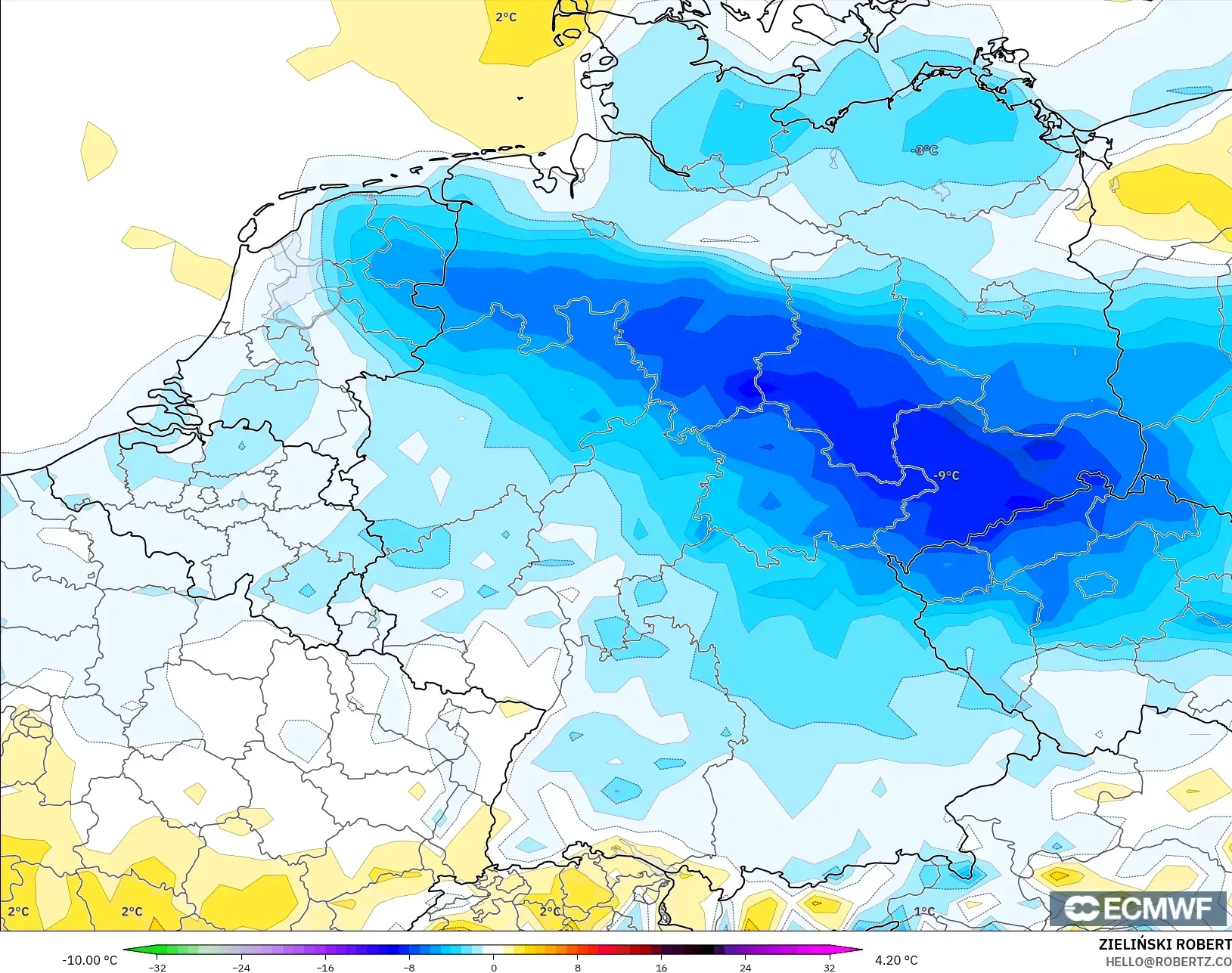 ECMWF IFS 0.25° model - Germany, Temperature at 2m Anomaly