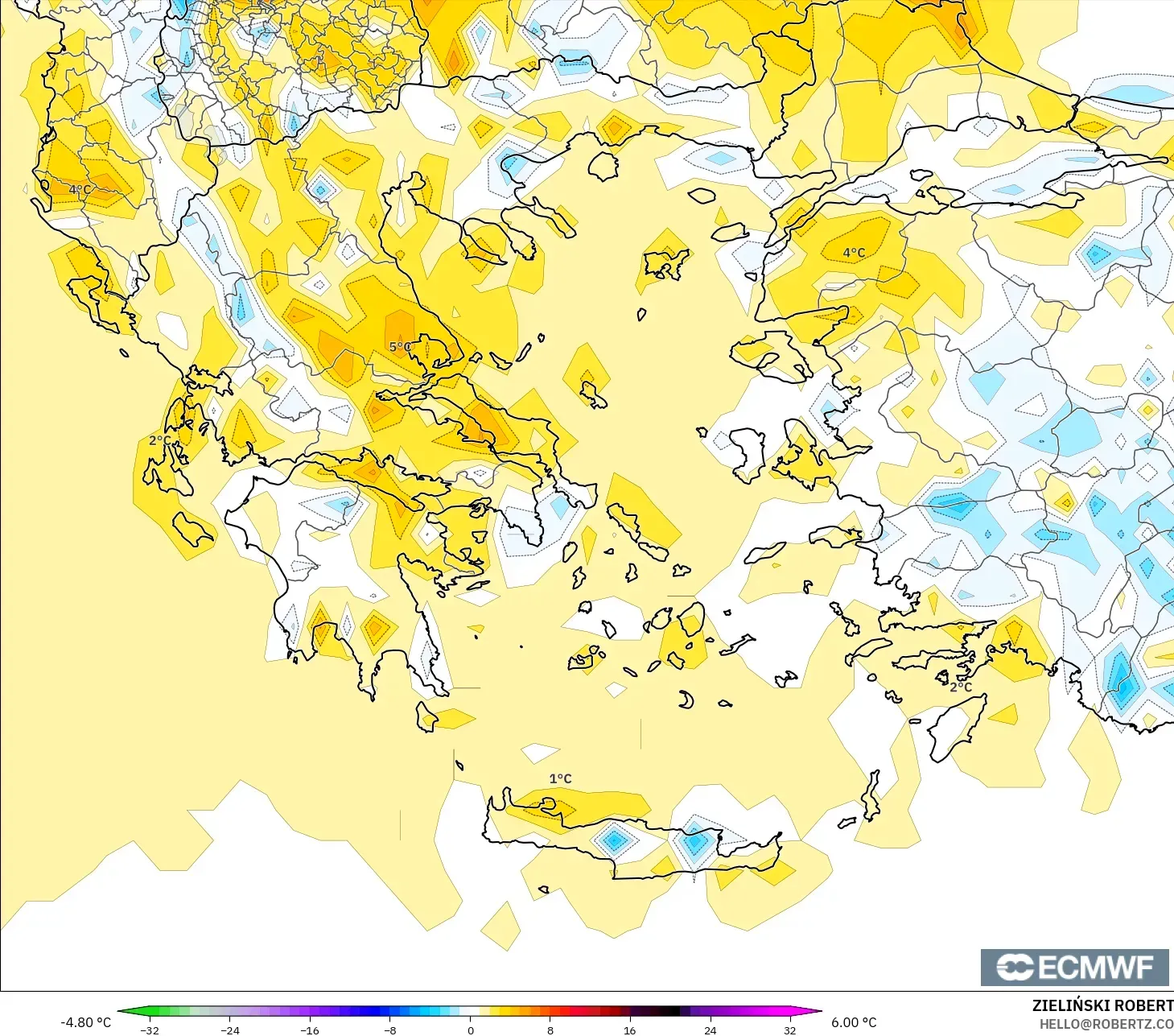 ECMWF IFS 0.25° model - Greece, Temperature at 2m Anomaly