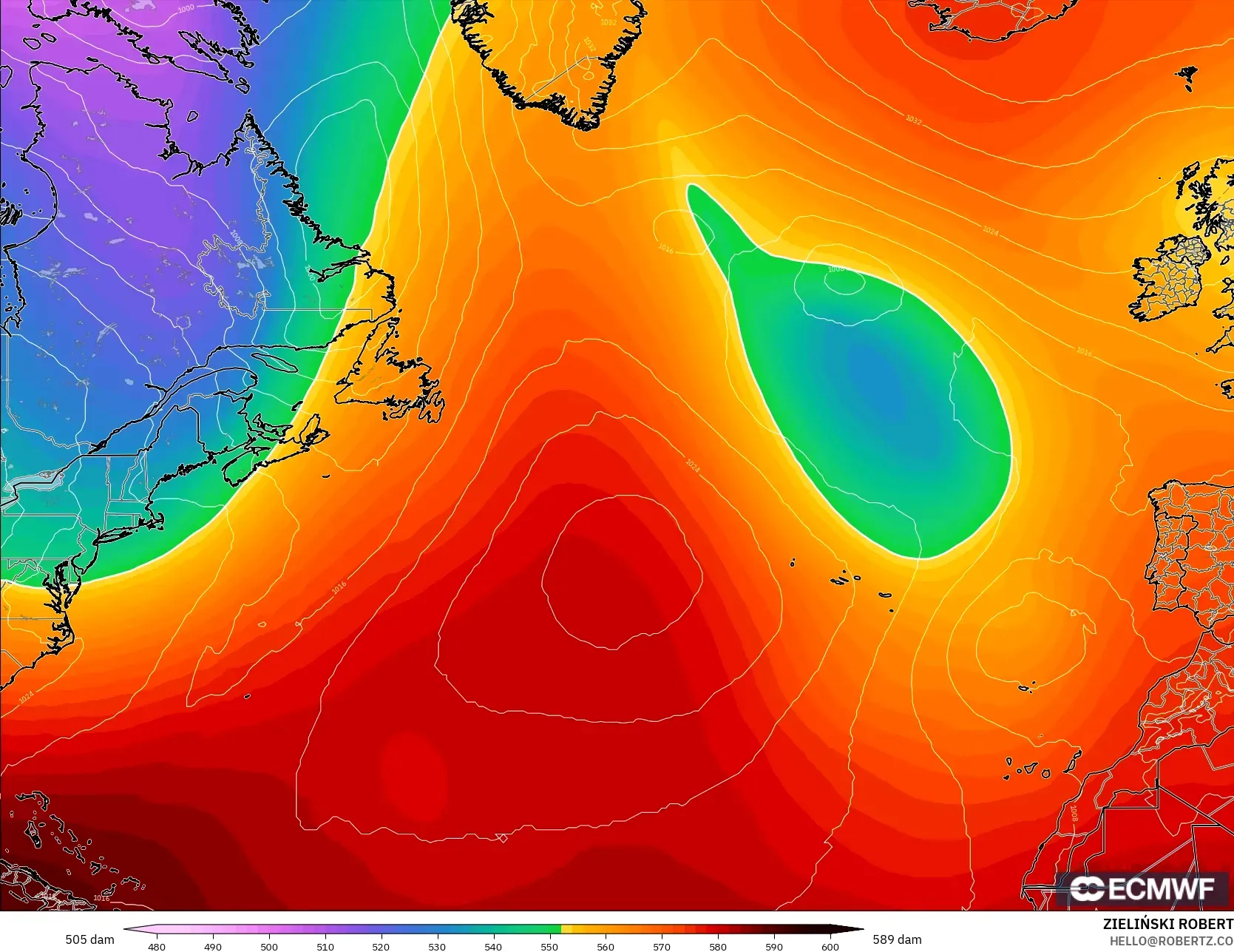 ECMWF IFS 0.25° model - North Atlantic, Geopotential height at 500hPa