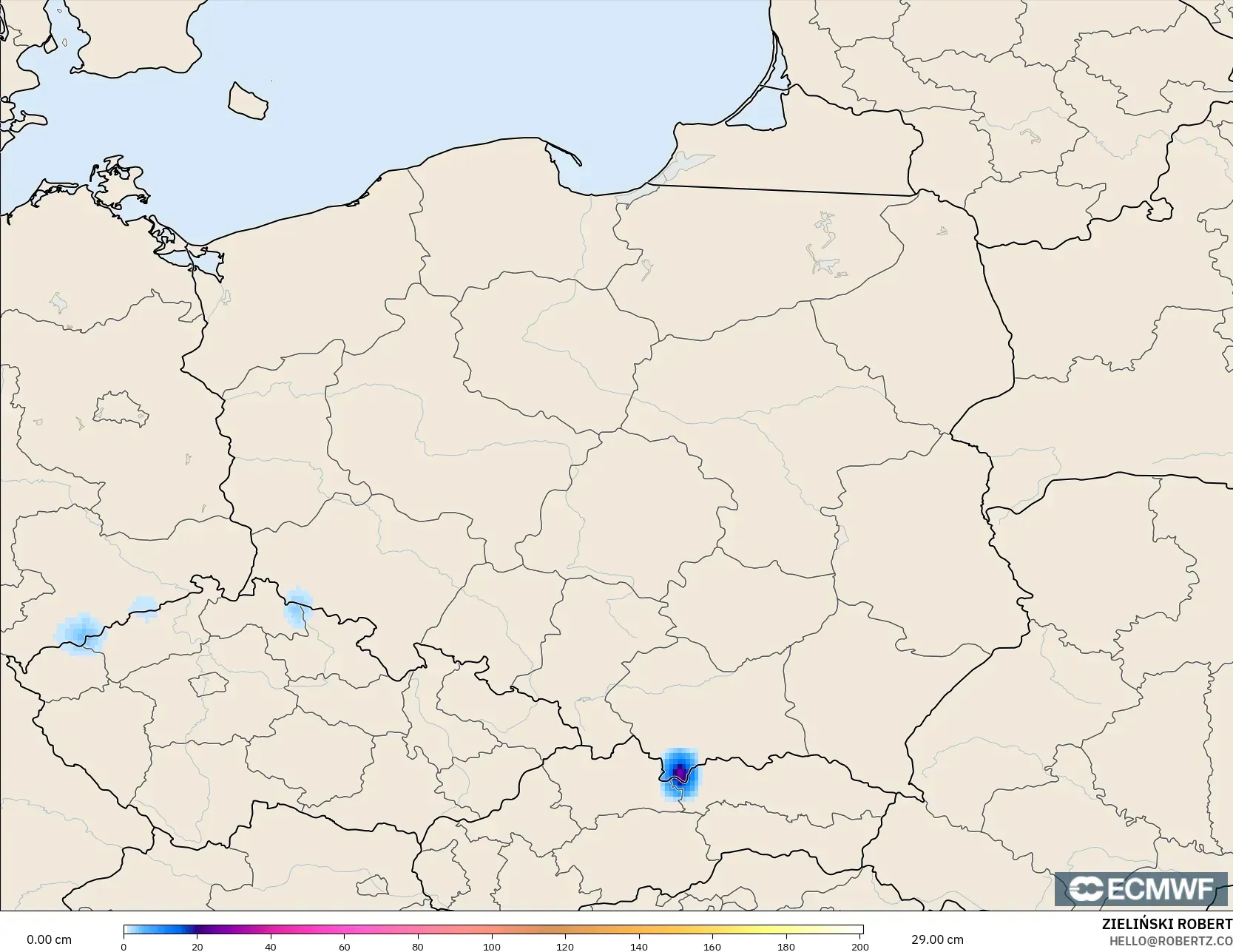 ECMWF IFS 0.25° model - Poland, Snow Depth
