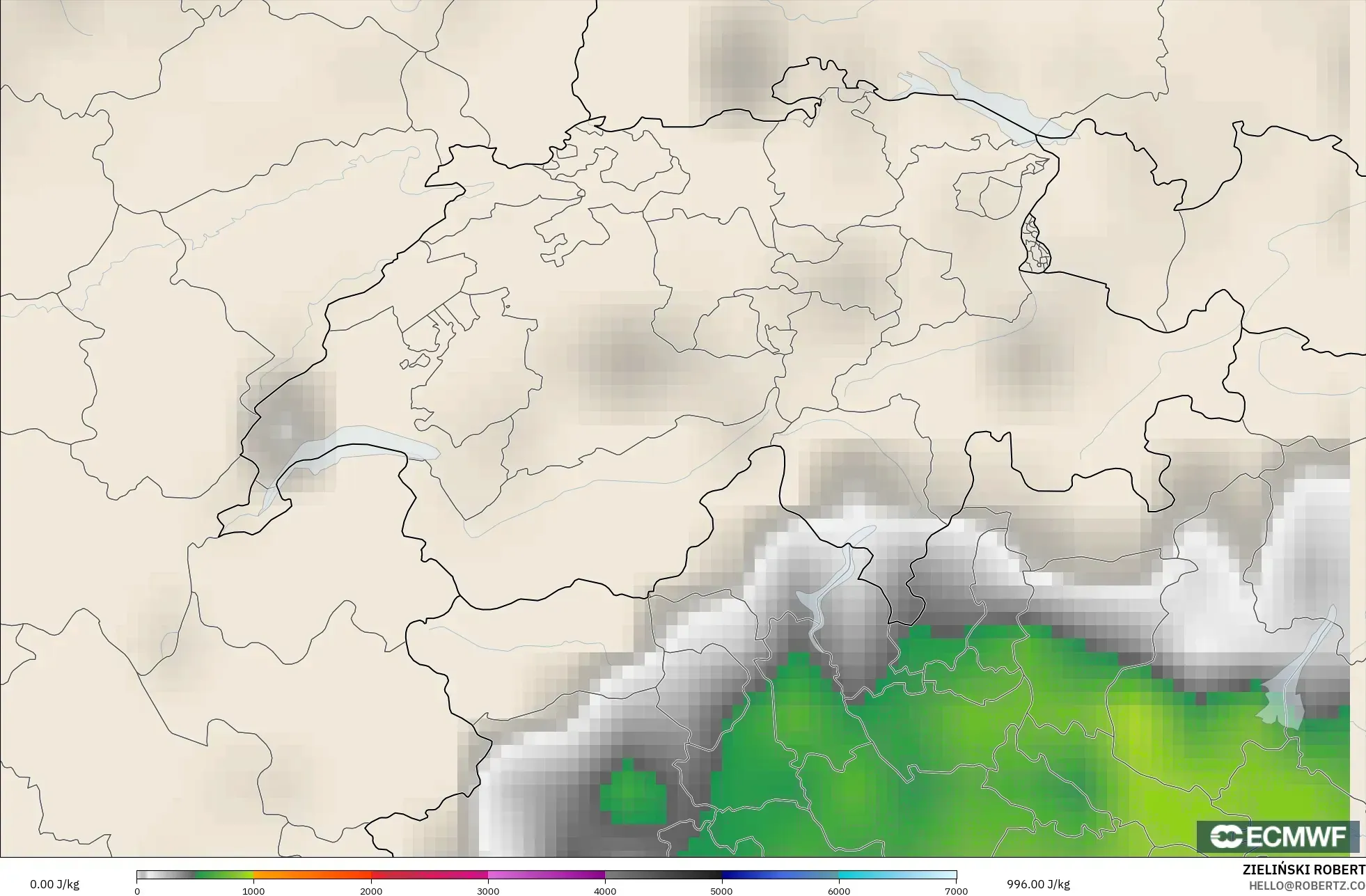 ECMWF IFS 0.25° model - Switzerland, CAPE