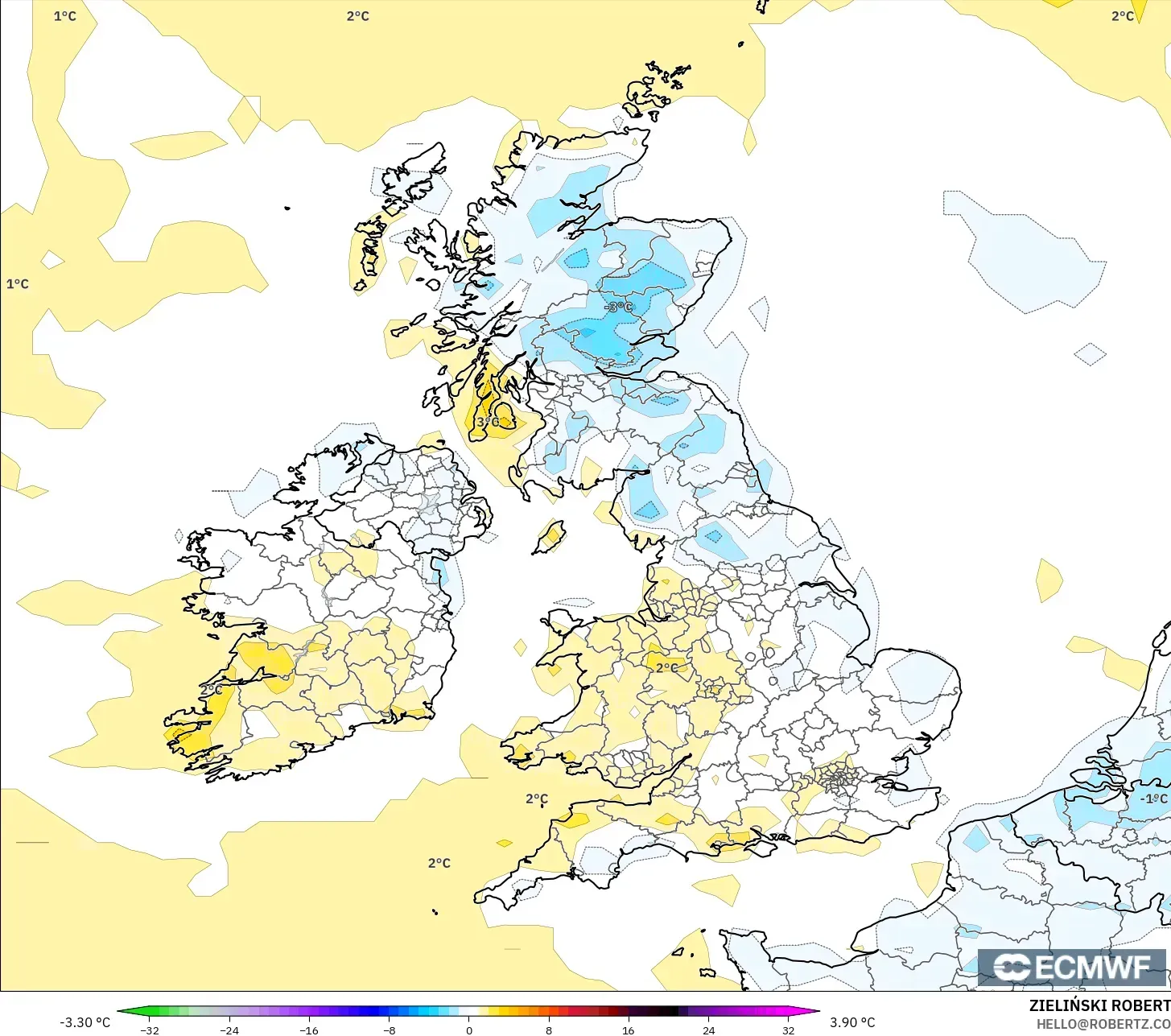 ECMWF IFS 0.25° model - United Kingdom, Temperature at 2m Anomaly