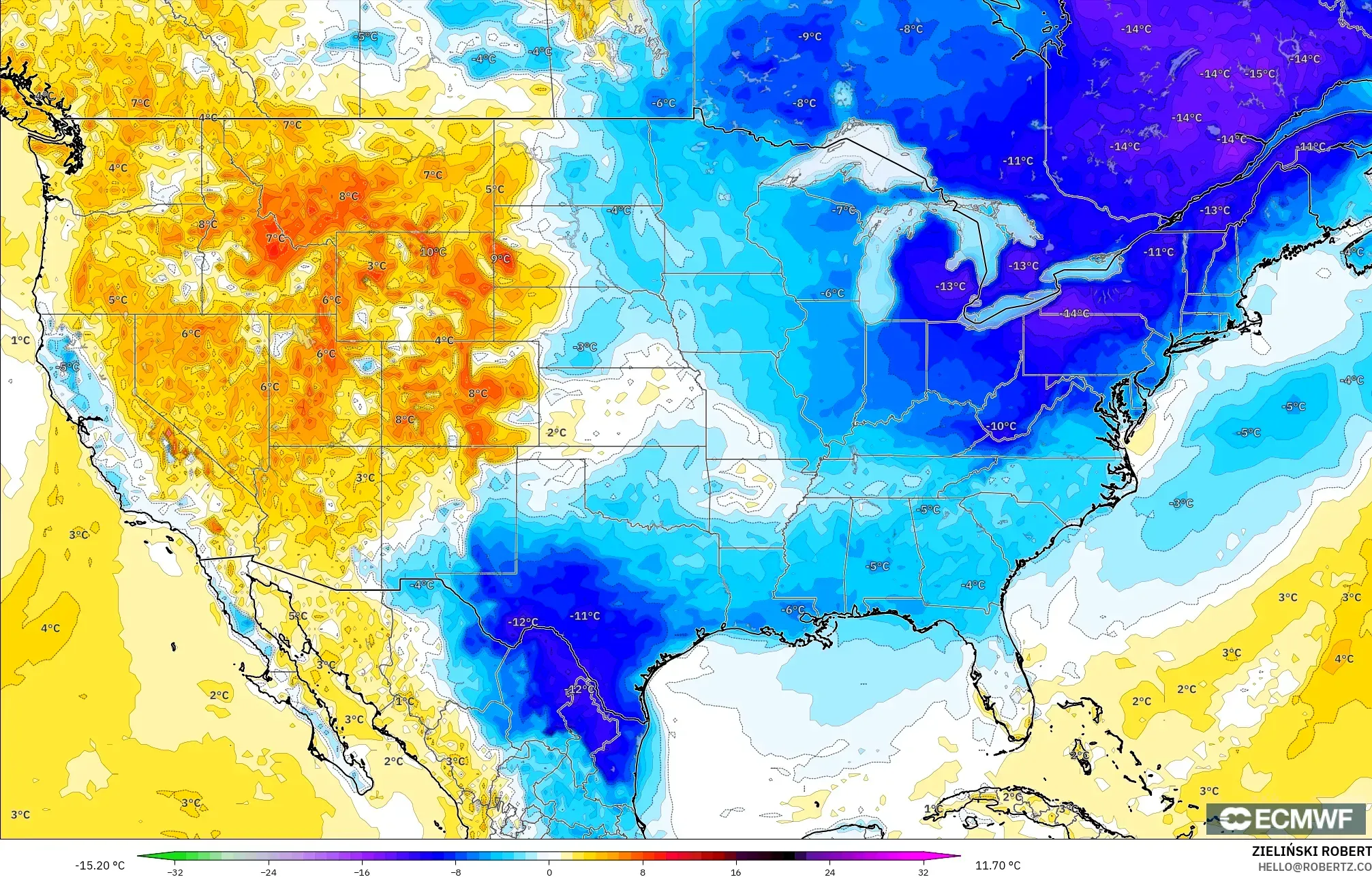 ECMWF IFS 0.25° model - United States, Temperature at 2m Anomaly