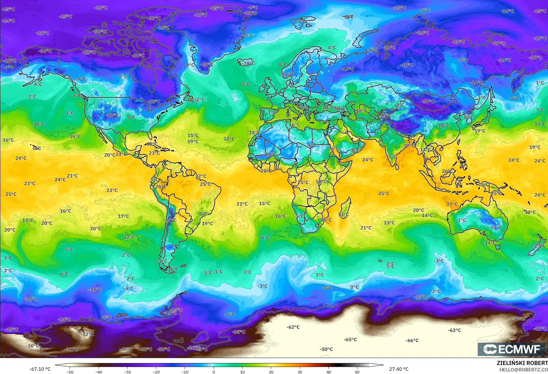 ECMWF IFS 0.25° model - World, Dewpoint at 2m