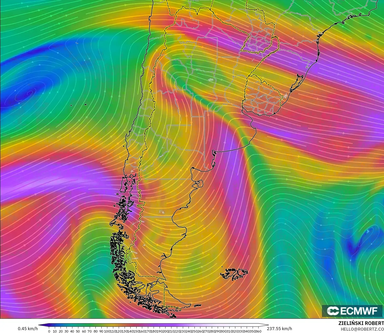 ECMWF IFS 0.25° model - Argentina, Wind at 300hPa (jet stream)