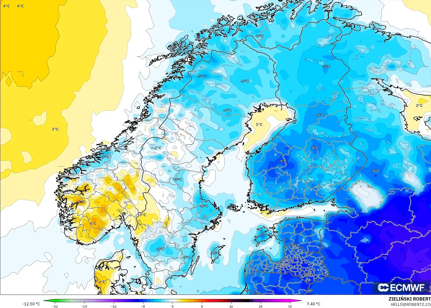 ECMWF IFS 0.25° model - Scandinavia, Temperature at 2m Anomaly