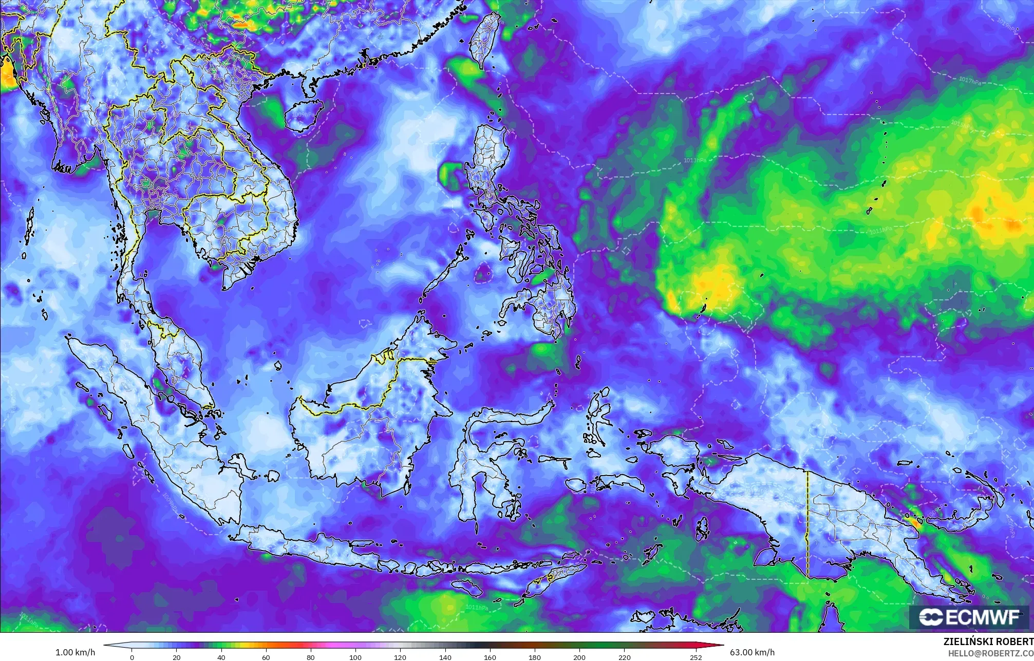 ECMWF IFS 0.25° model - South East Asia, Wind Gusts Peak