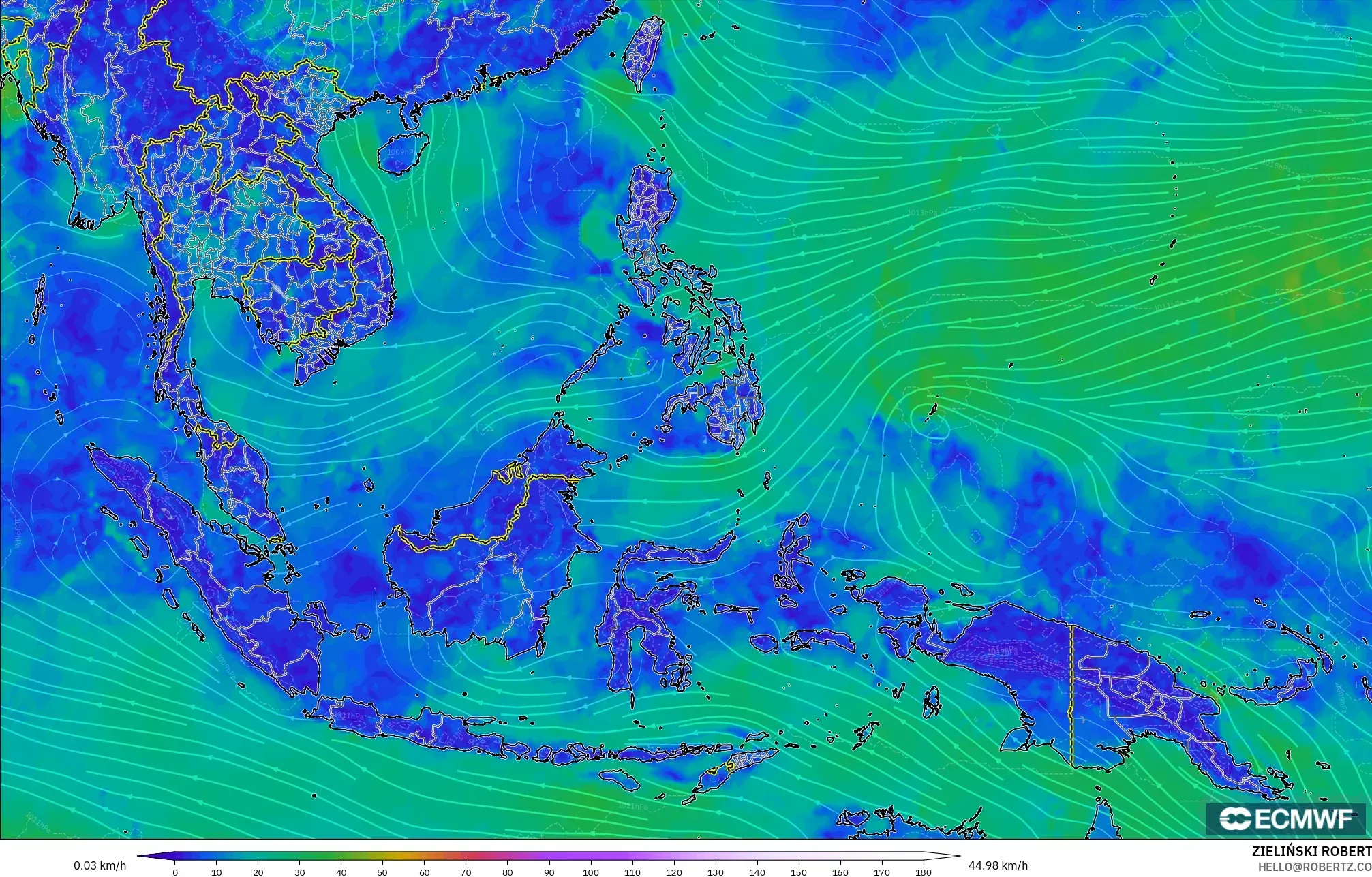 ECMWF IFS 0.25° model - South East Asia, Wind at 10m
