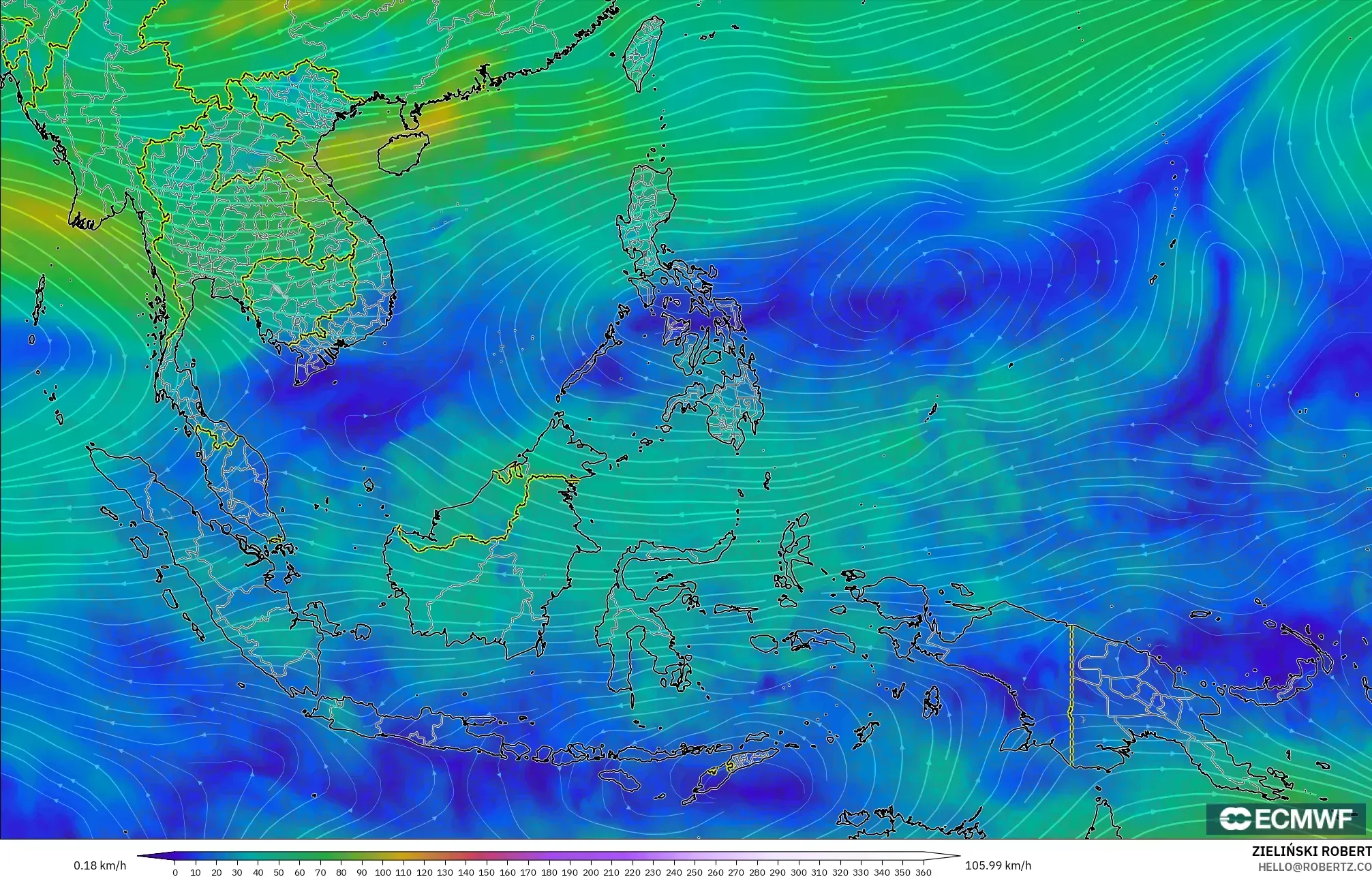 ECMWF IFS 0.25° model - South East Asia, Wind at 300hPa (jet stream)
