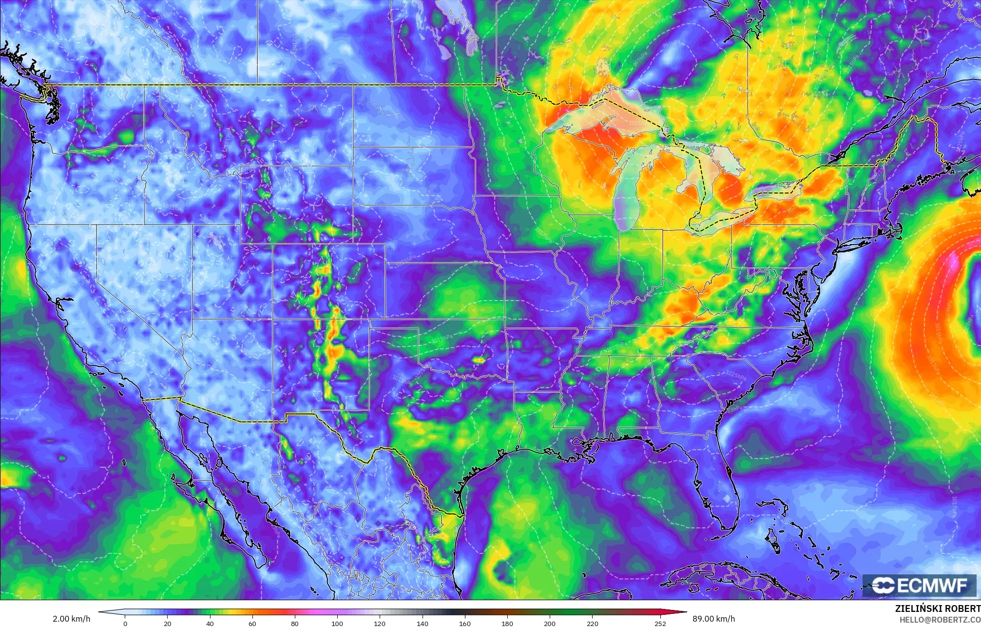 ECMWF IFS 0.25° model - United States, Wind Gusts Peak