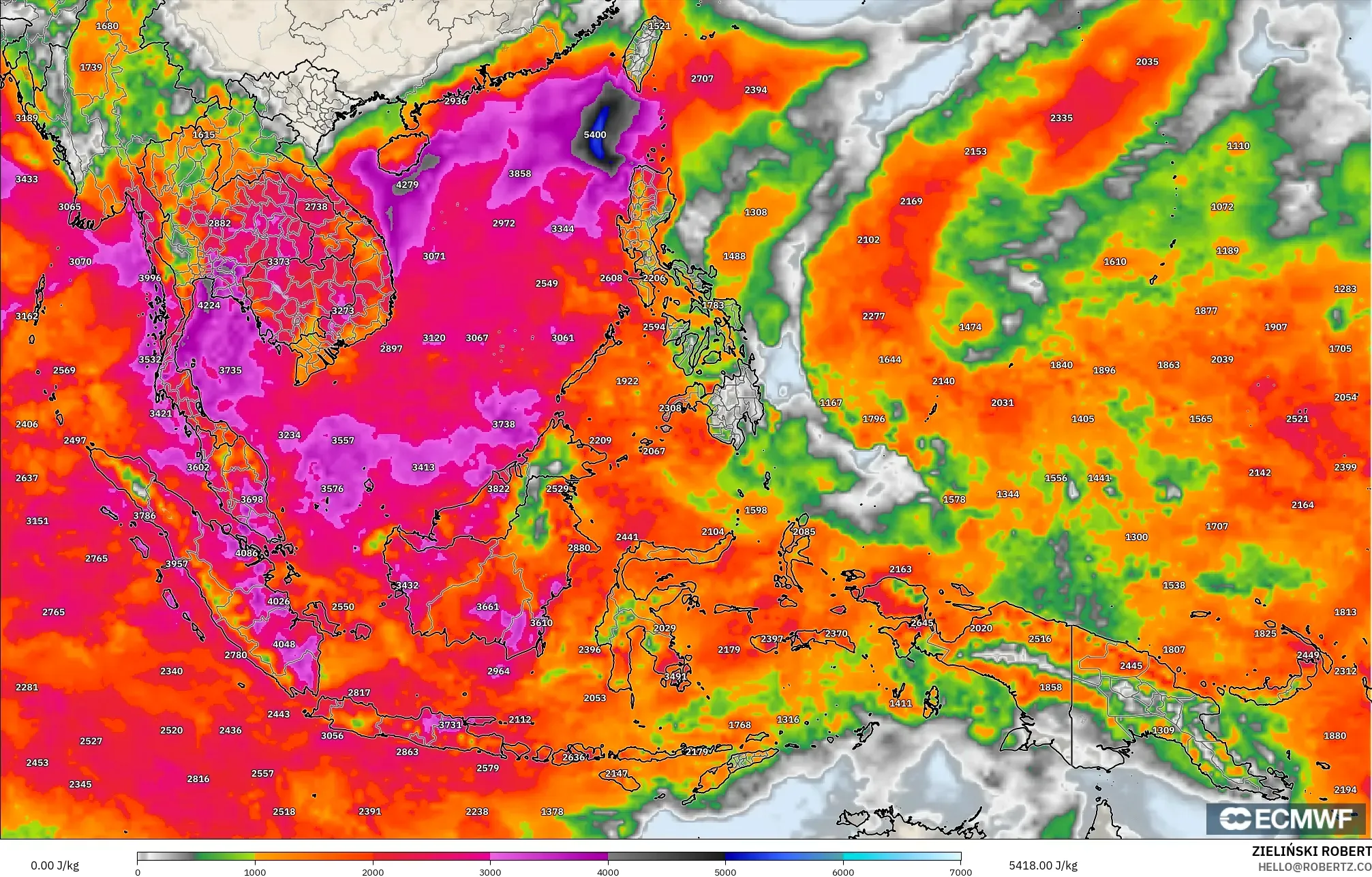 ECMWF IFS 0.25° model - South East Asia, CAPE