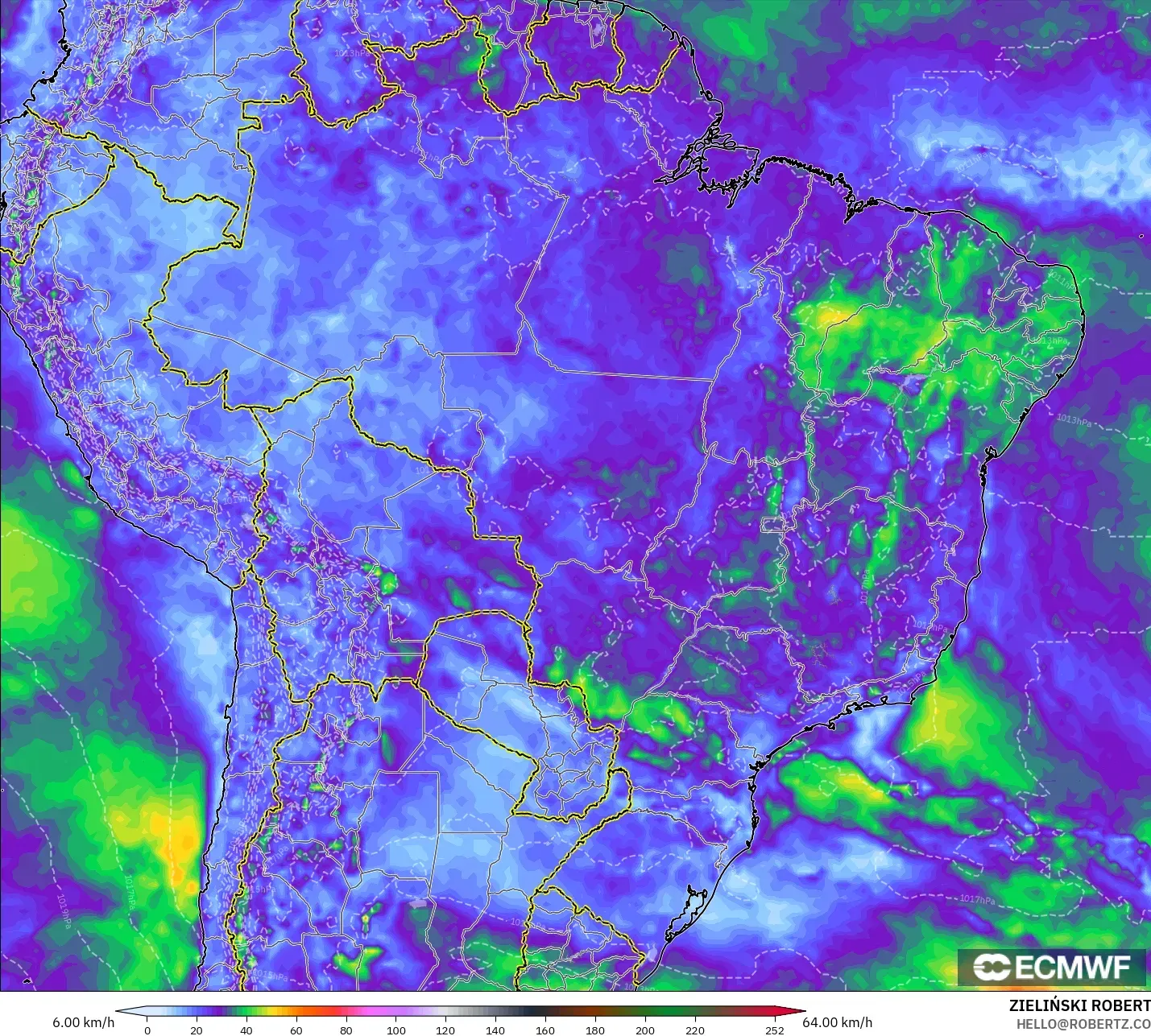 ECMWF IFS 0.25° model - Brazil, Wind Gusts Peak