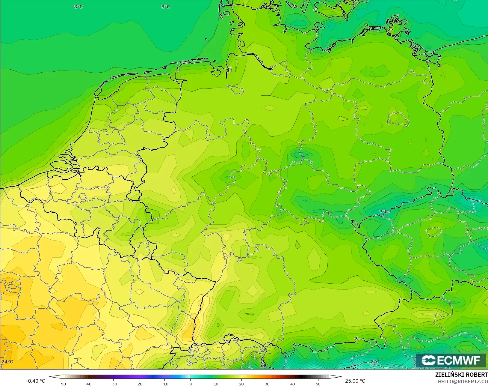 ECMWF IFS 0.25° model - Germany, Temperature at 2m