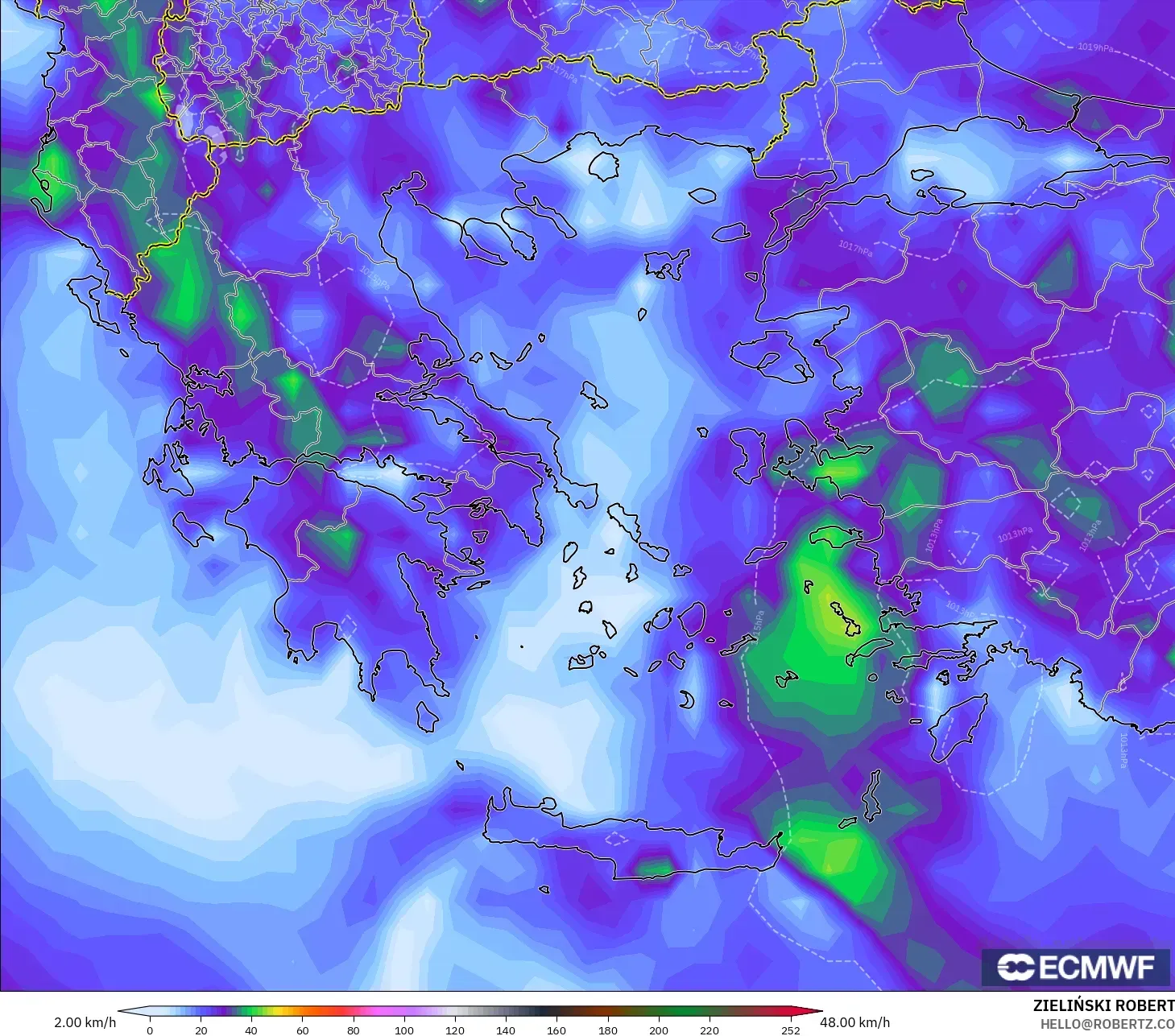 ECMWF IFS 0.25° model - Greece, Wind Gusts