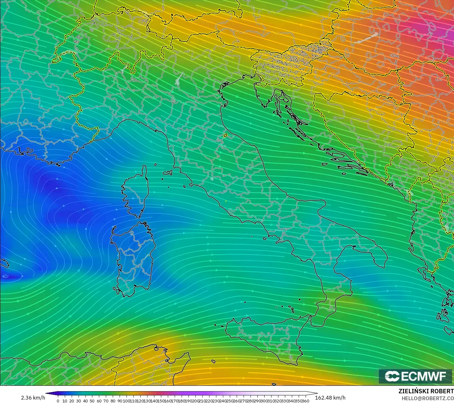 ECMWF IFS 0.25° model - Italy, Wind at 300hPa (jet stream)
