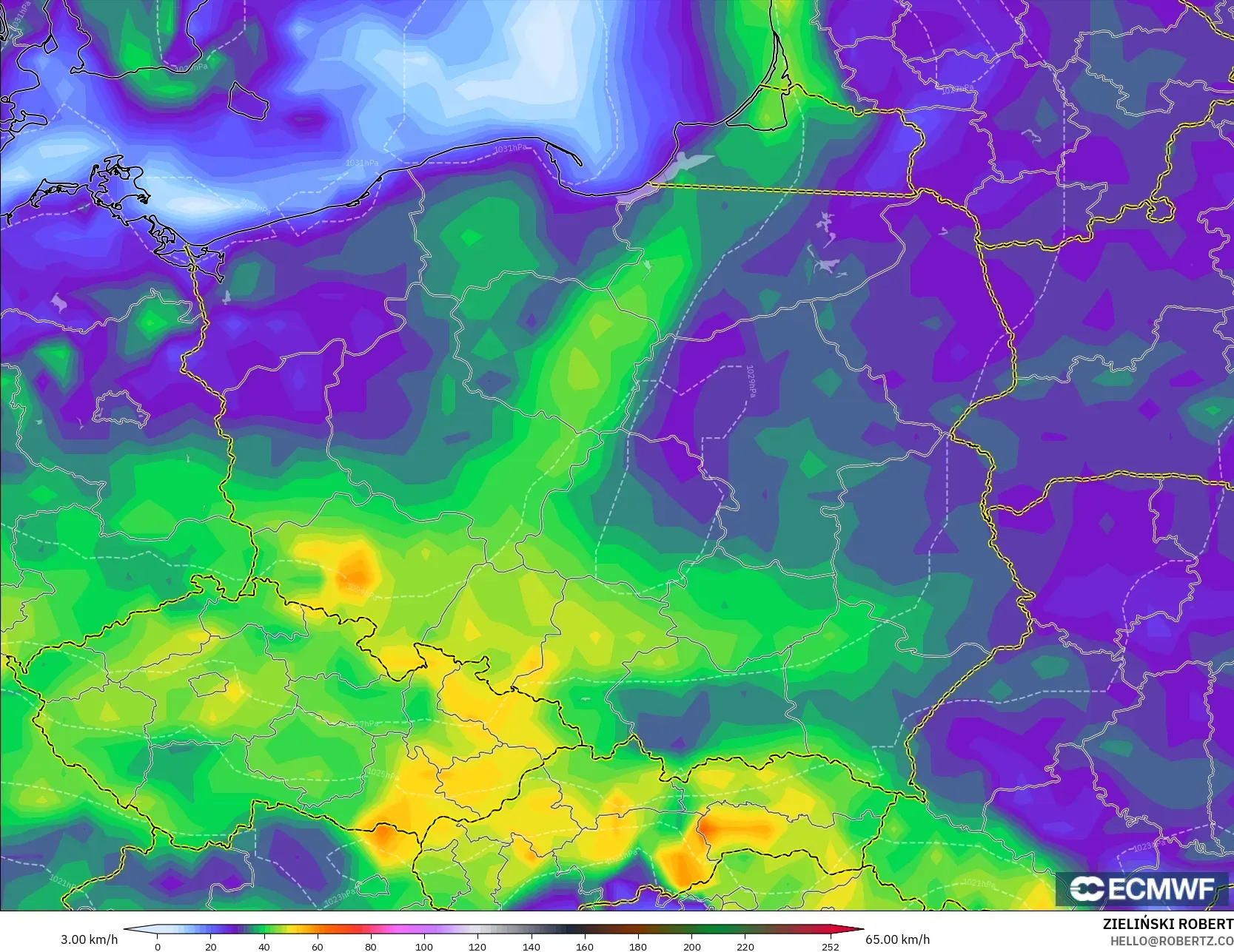 ECMWF IFS 0.25° model - Poland, Wind Gusts Peak