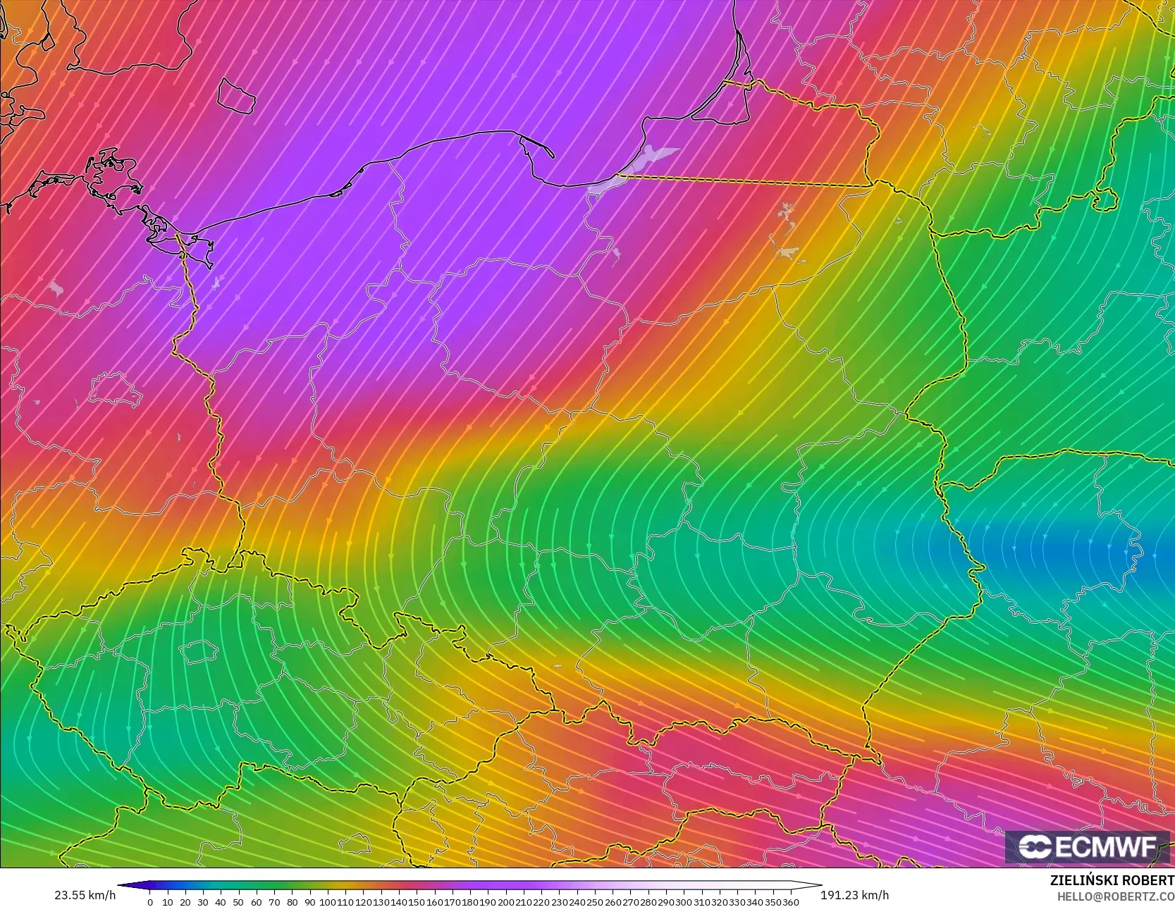 ECMWF IFS 0.25° model - Poland, Wind at 300hPa (jet stream)