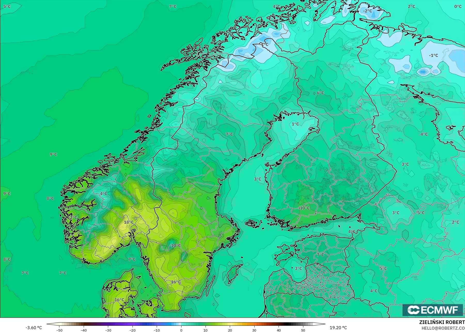 ECMWF IFS 0.25° model - Scandinavia, Temperature at 2m