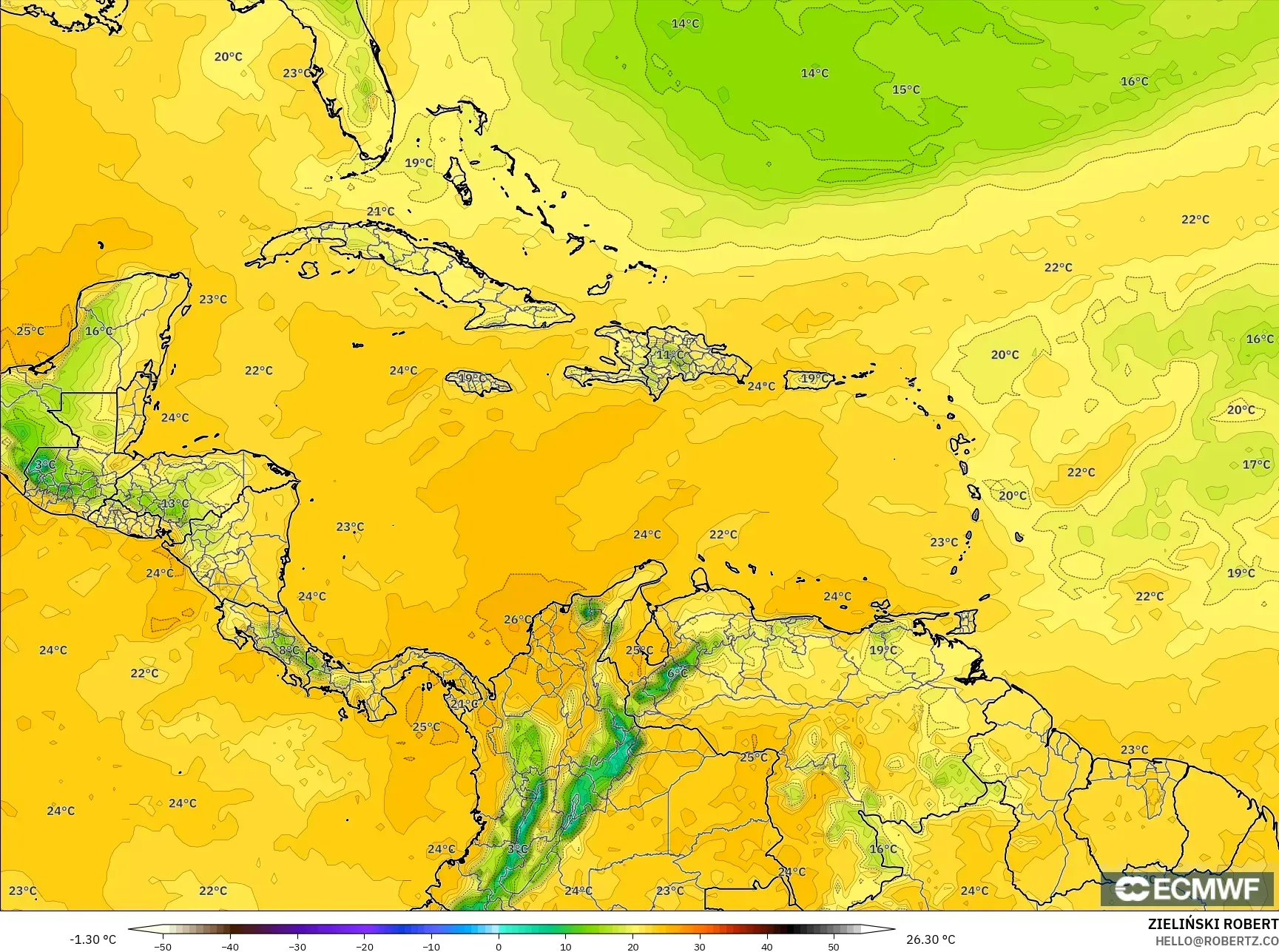 ECMWF IFS 0.25° model - Caribbean, Dewpoint at 2m