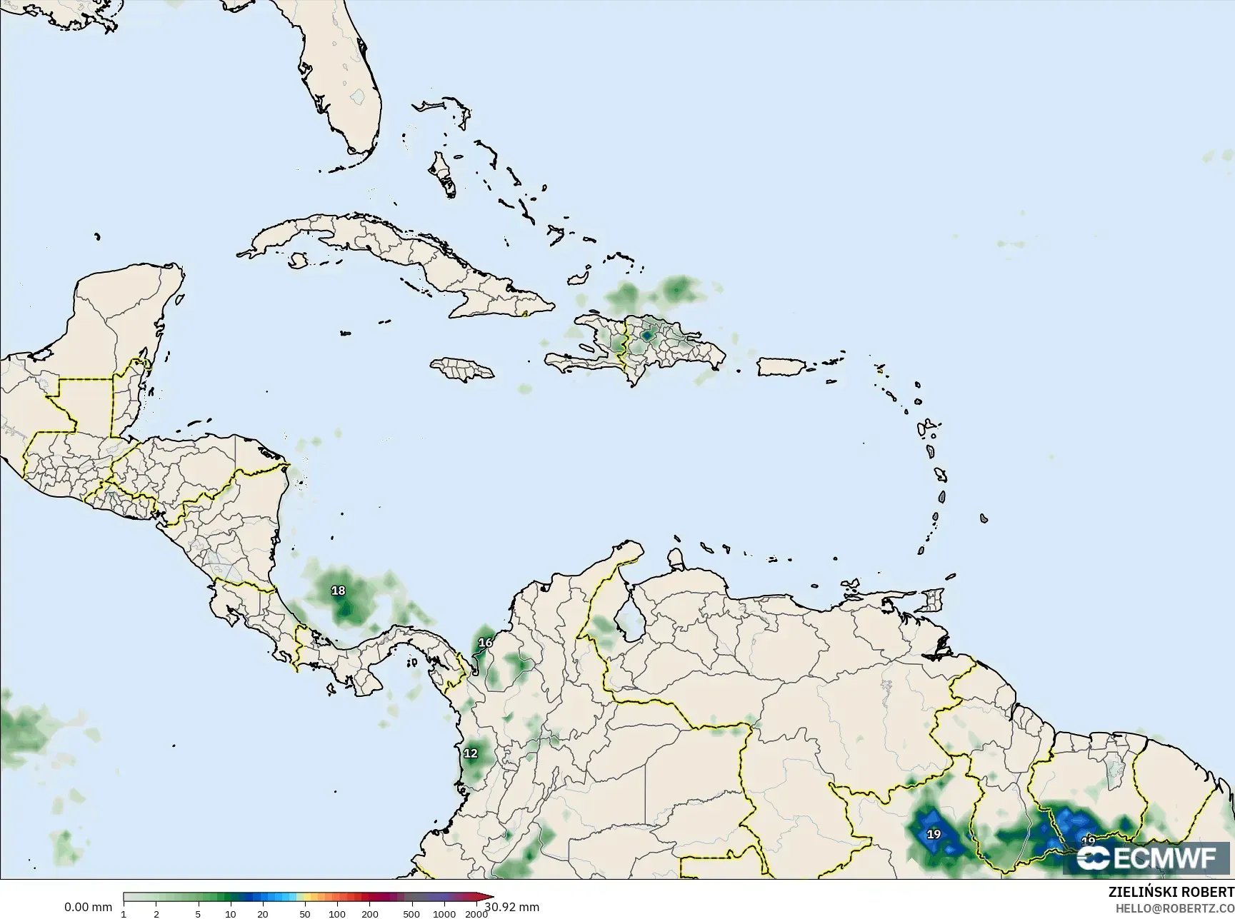 ECMWF IFS 0.25° model - Caribbean, Precipitation Accumulation