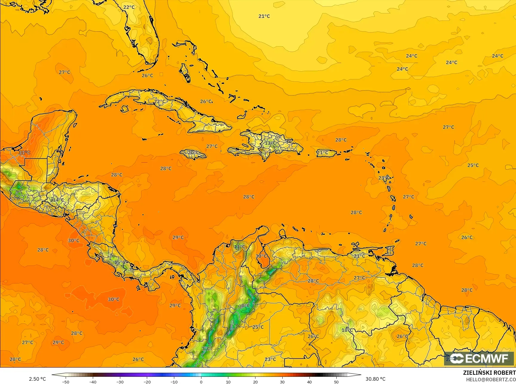 ECMWF IFS 0.25° model - Caribbean, Temperature at 2m