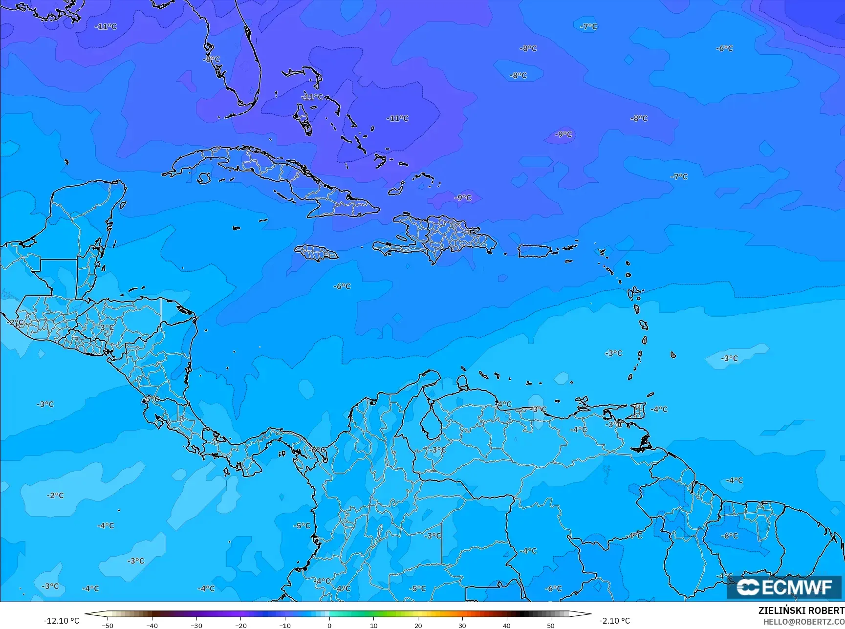ECMWF IFS 0.25° model - Caribbean, Temperature at 500hPa