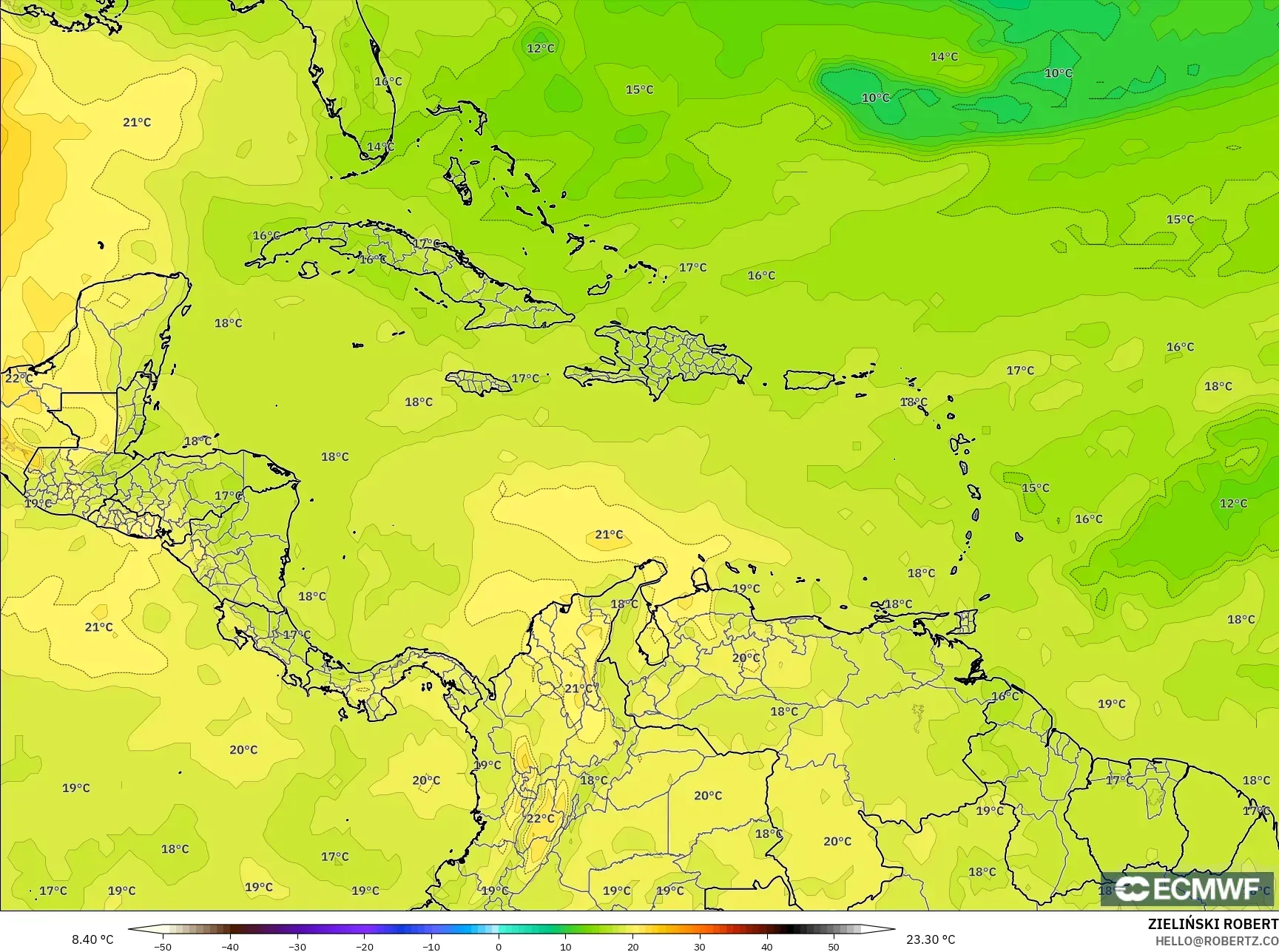 ECMWF IFS 0.25° model - Caribbean, Temperature at 850hPa