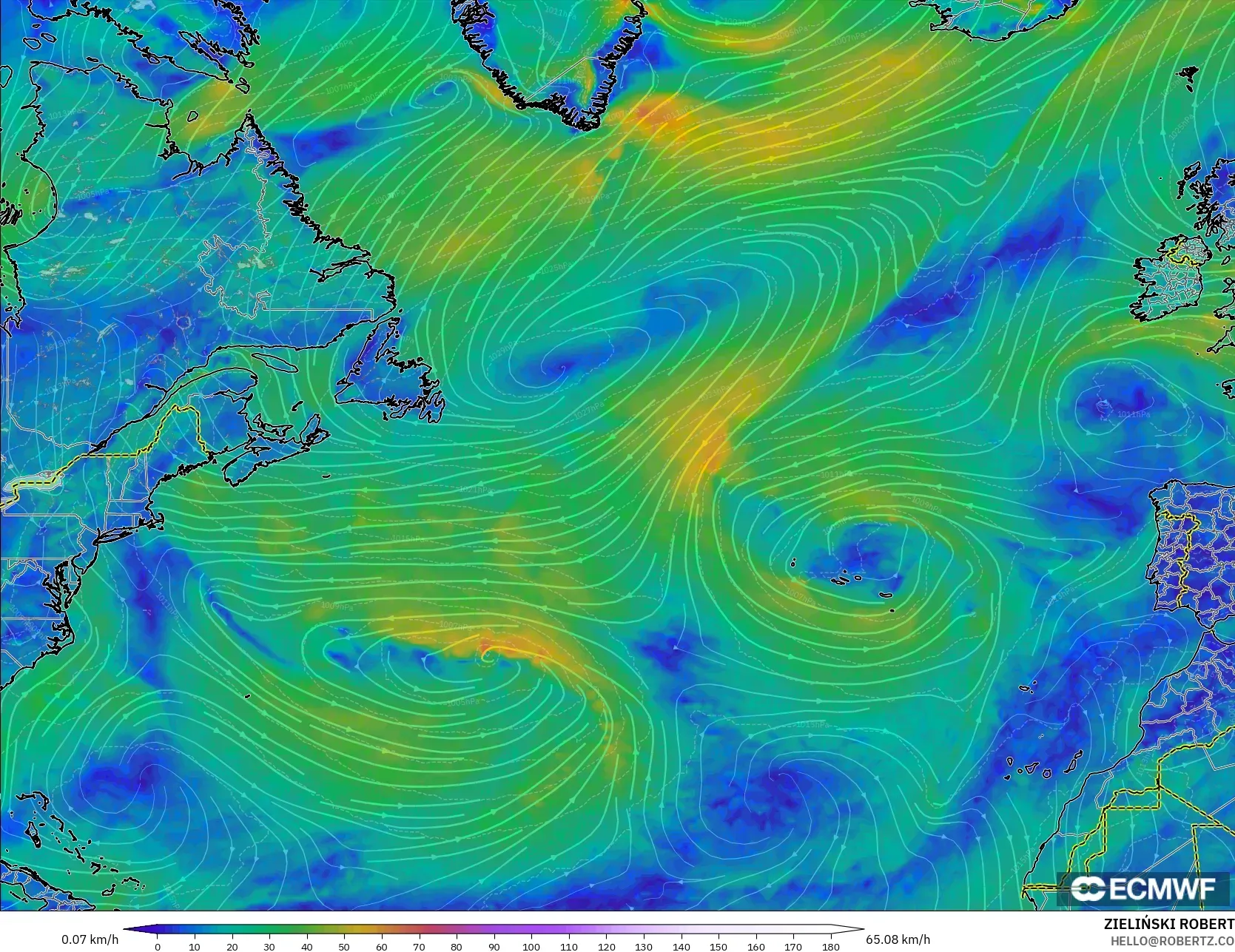 ECMWF IFS 0.25° model - North Atlantic, Wind at 10m