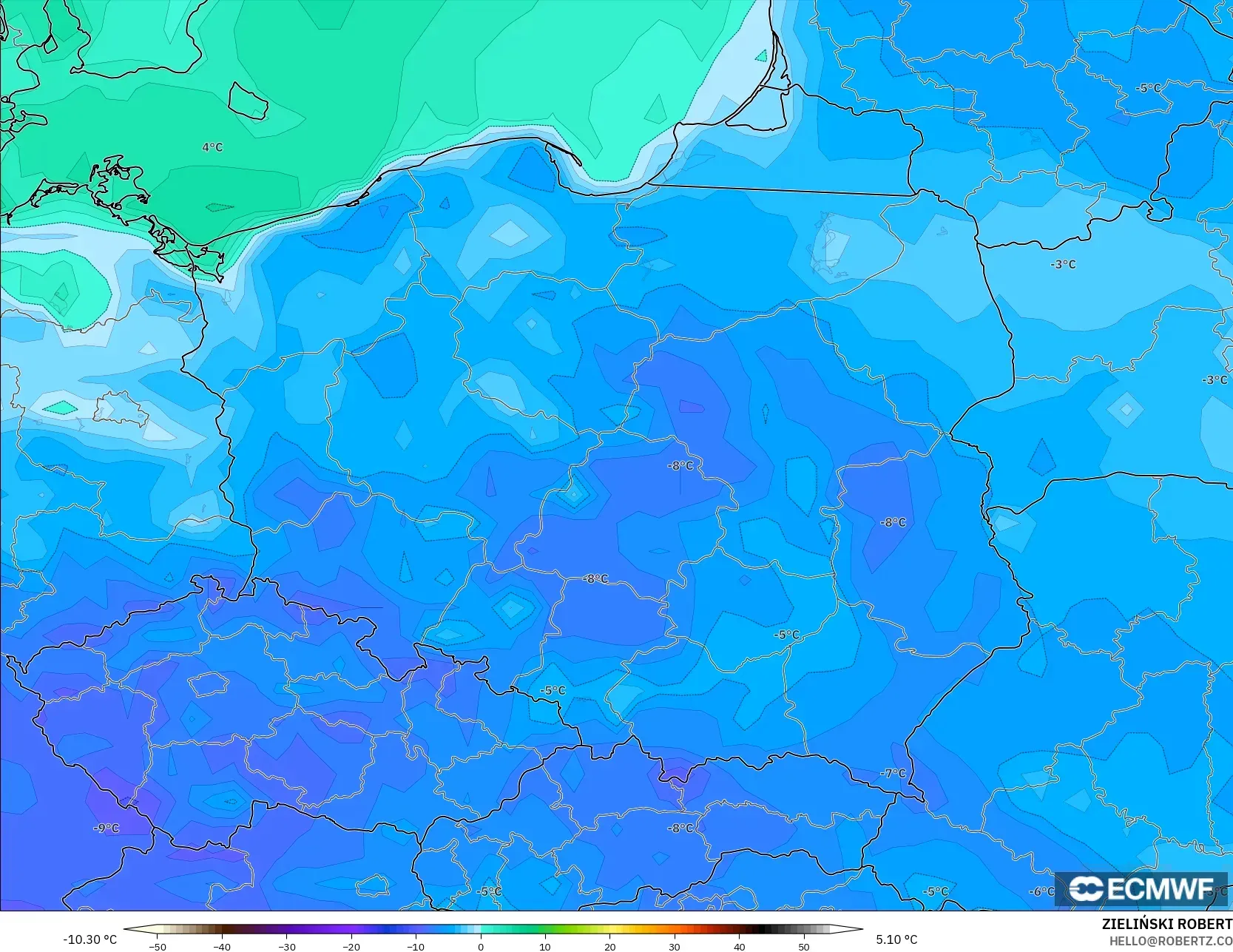 ECMWF IFS 0.25° model - Poland, Dewpoint at 2m