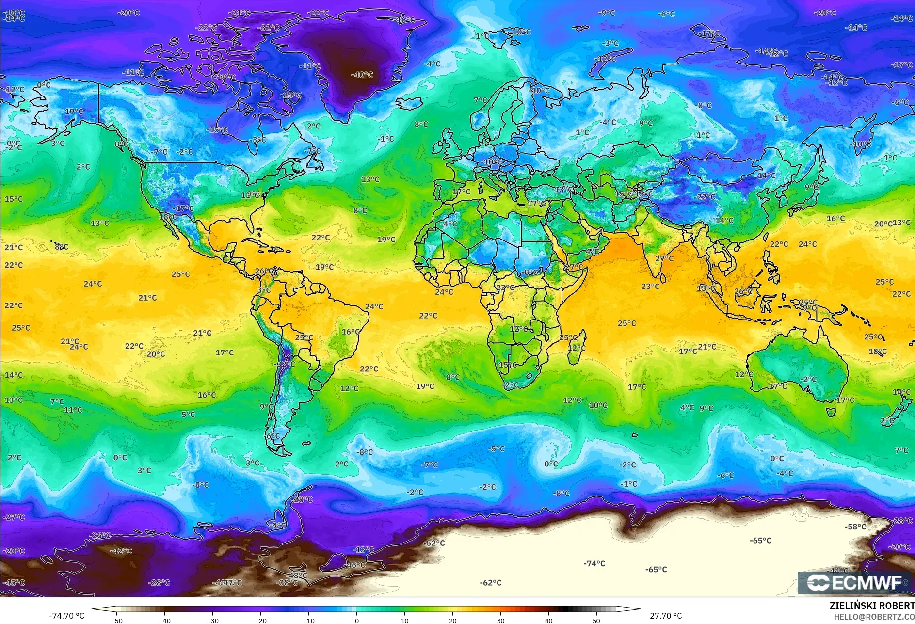 ECMWF IFS 0.25° model - World, Dewpoint at 2m