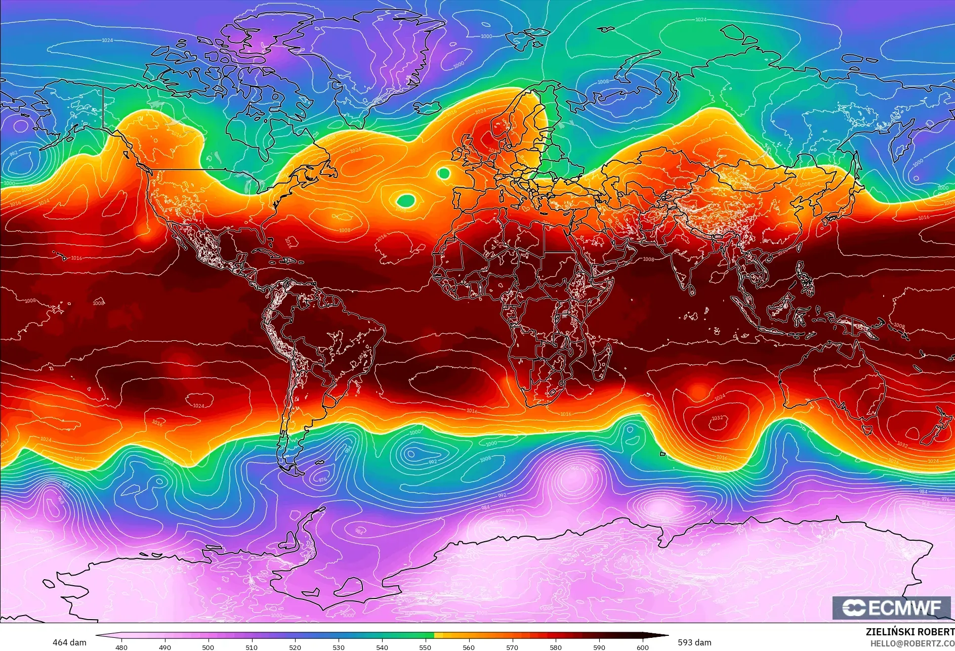 ECMWF IFS 0.25° model - World, Geopotential height at 500hPa