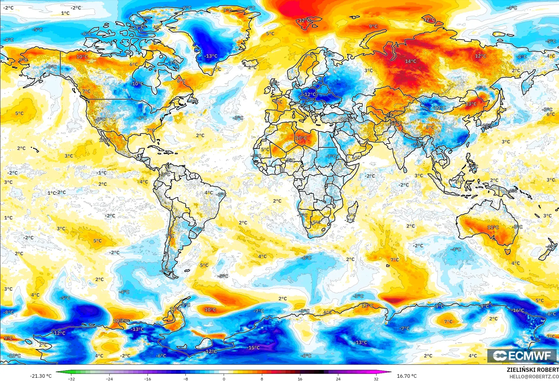 ECMWF IFS 0.25° model - World, Temperature at 2m Anomaly