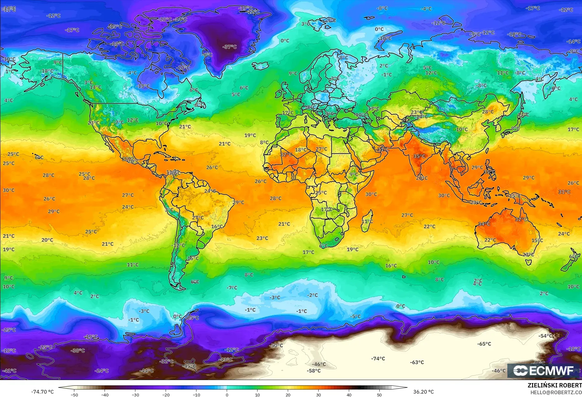 ECMWF IFS 0.25° model - World, Temperature at 2m