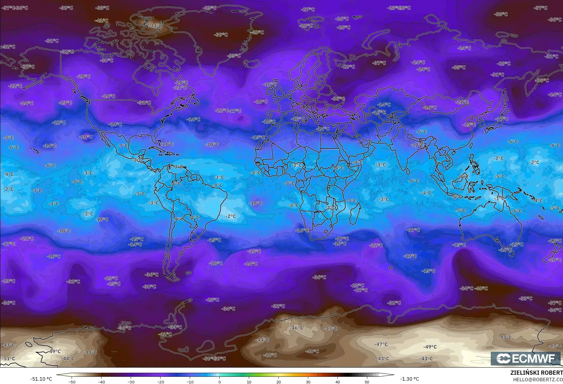 ECMWF IFS 0.25° model - World, Temperature at 500hPa